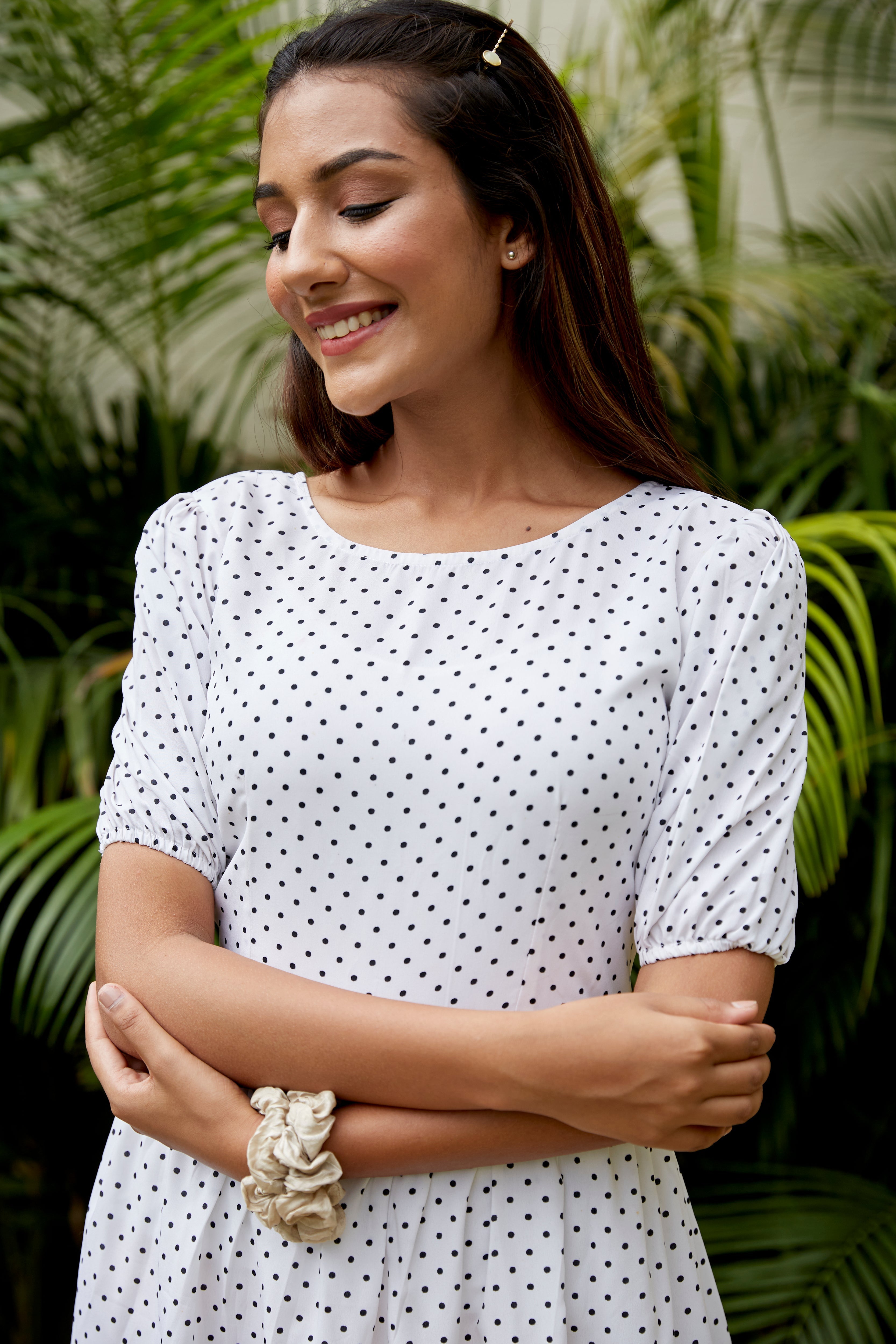 Women's White Polka Maxi Dress - Nangalia Ruchira
