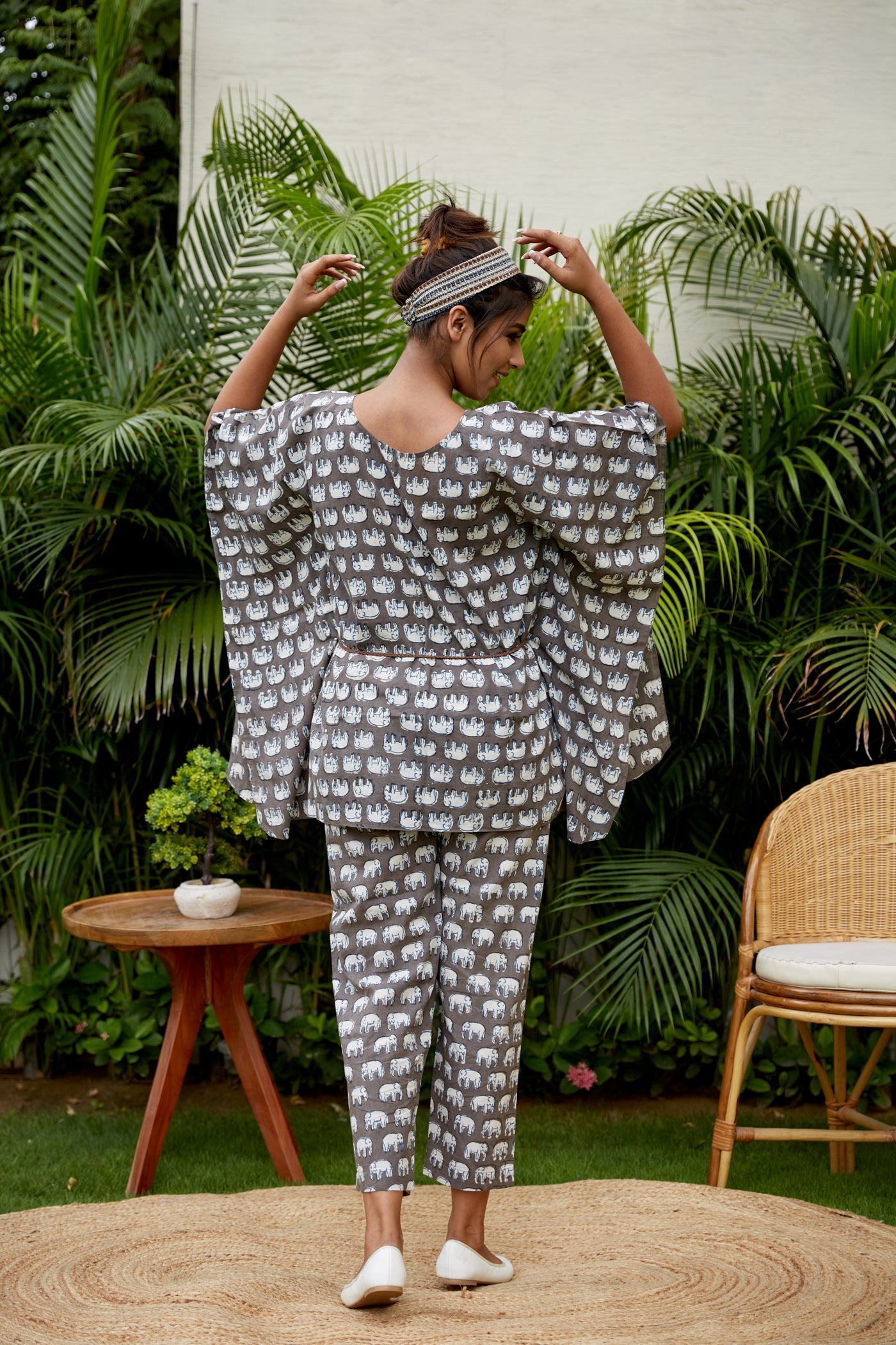 Women's Haathi Print Cotton Kaftan Set - Nangalia Ruchira