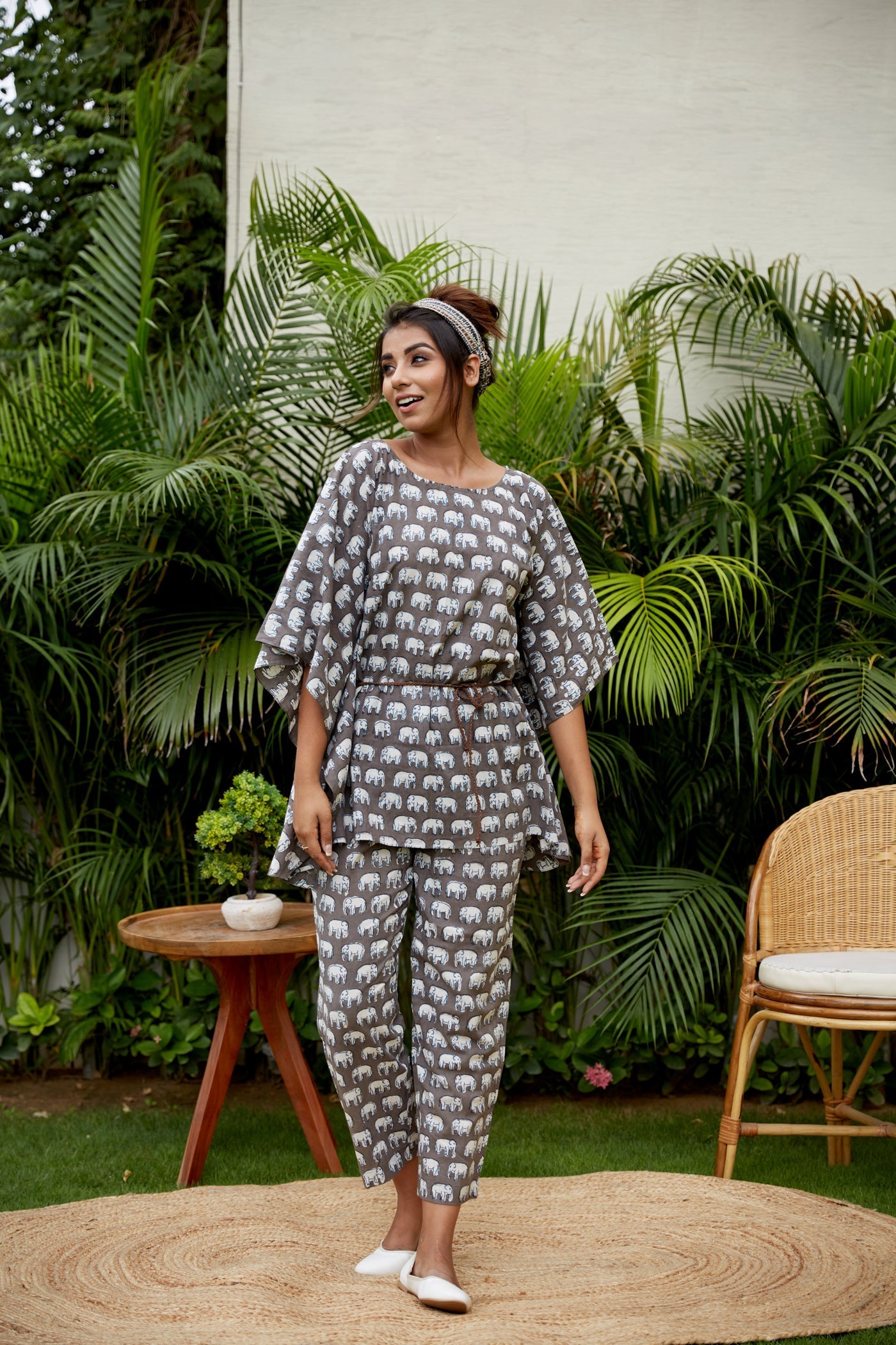 Women's Haathi Print Cotton Kaftan Set - Nangalia Ruchira