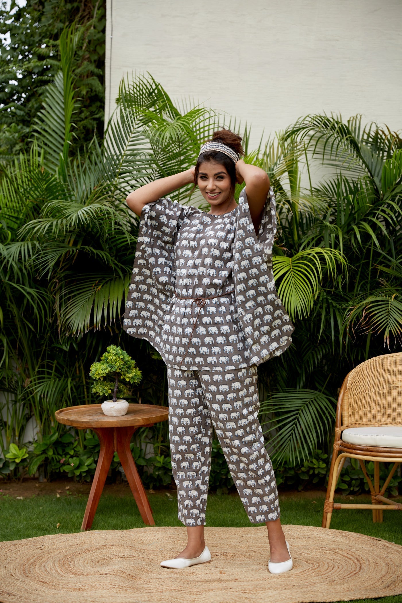Women's Haathi Print Cotton Kaftan Set - Nangalia Ruchira