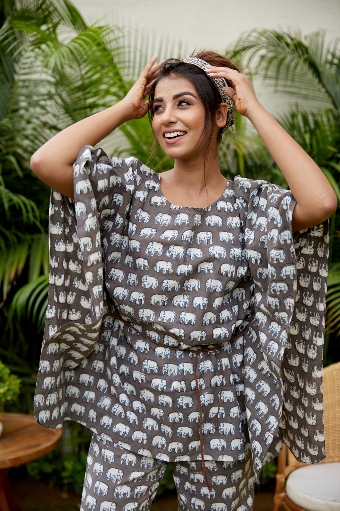 Women's Haathi Print Cotton Kaftan Set - Nangalia Ruchira