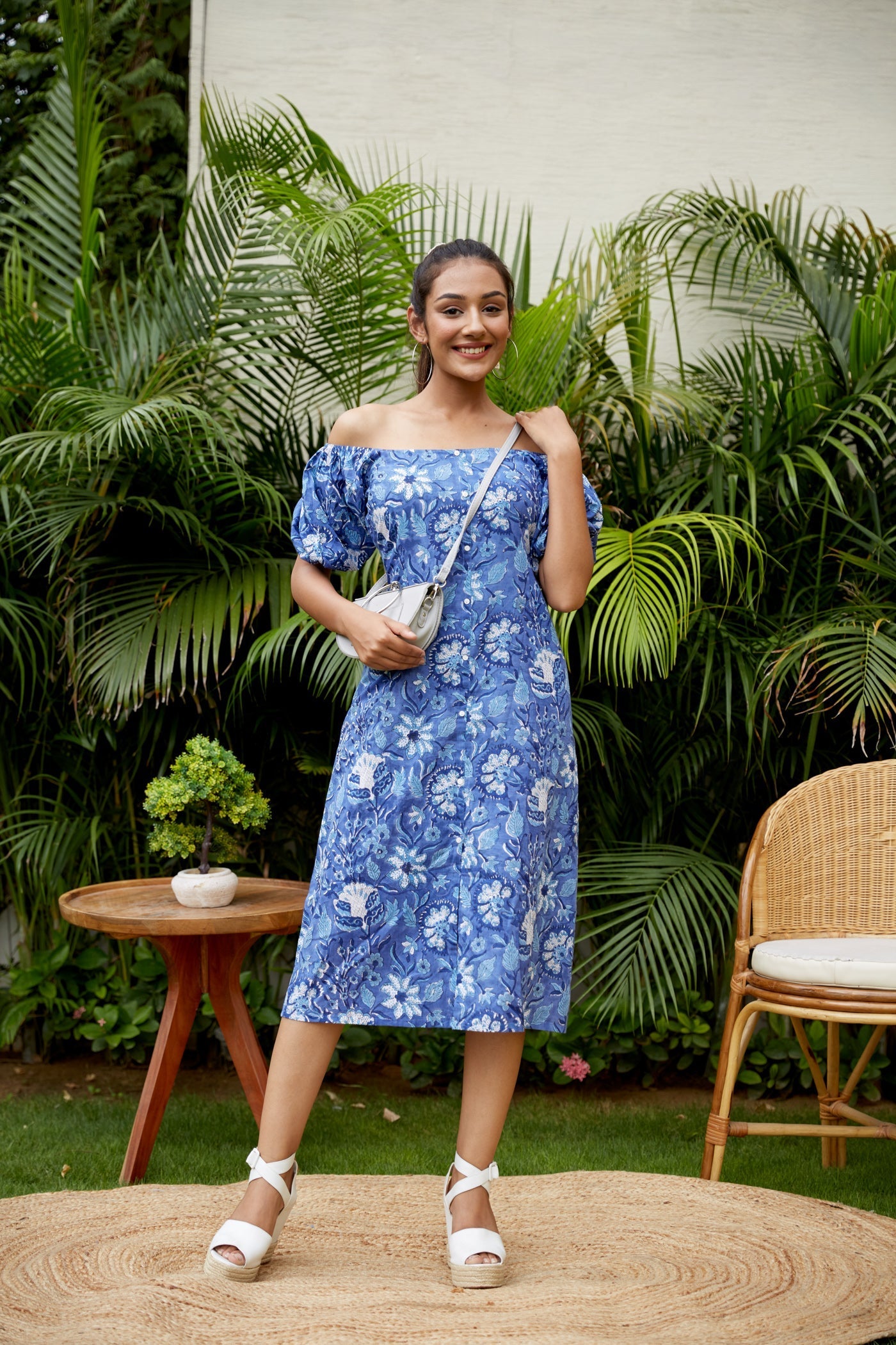 Women's Blue Floral Cotton Gaga Dress - Nangalia Ruchira