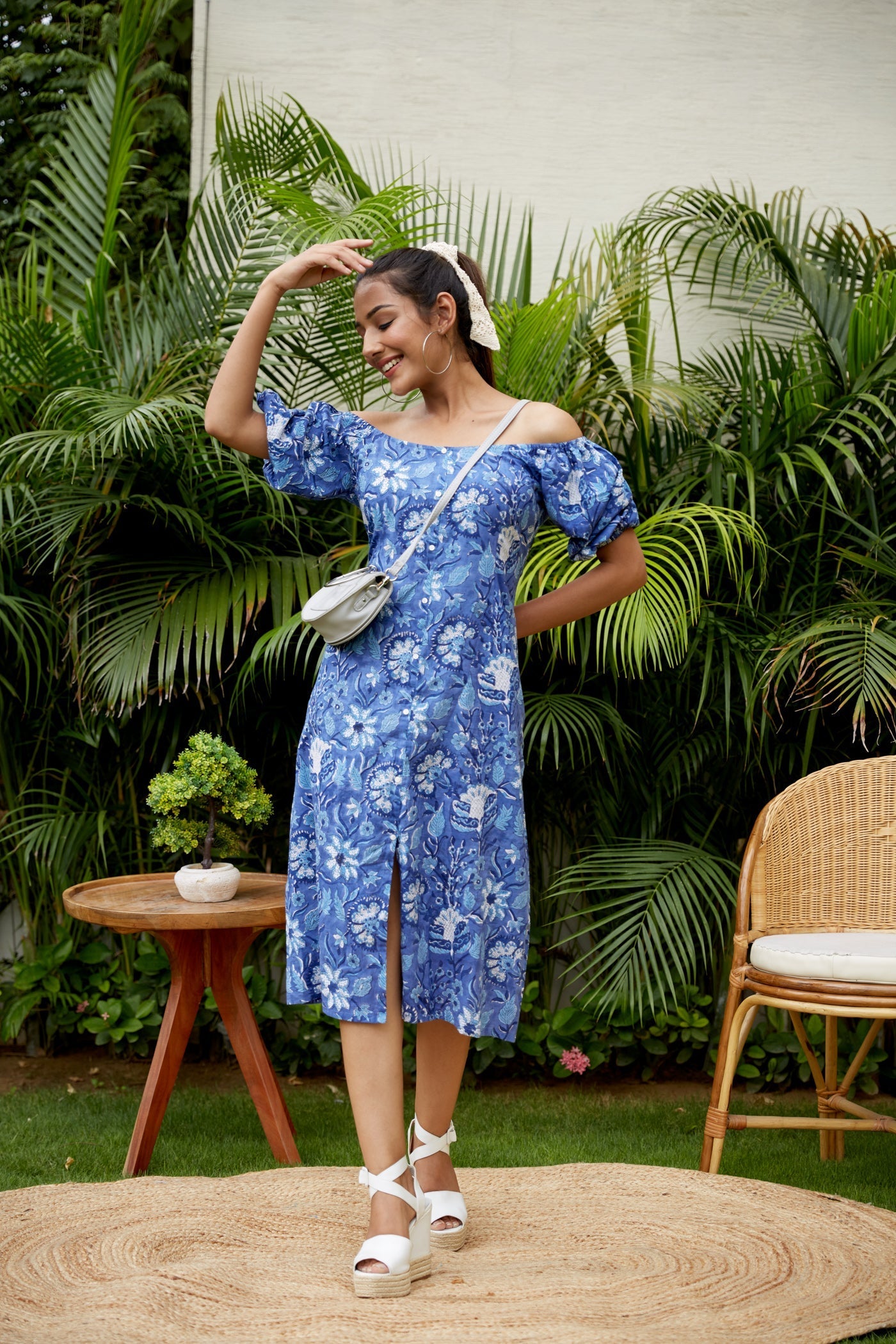Women's Blue Floral Cotton Gaga Dress - Nangalia Ruchira