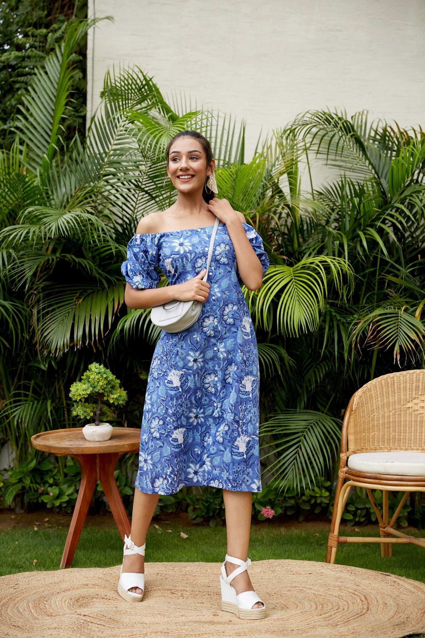 Women's Blue Floral Cotton Gaga Dress - Nangalia Ruchira
