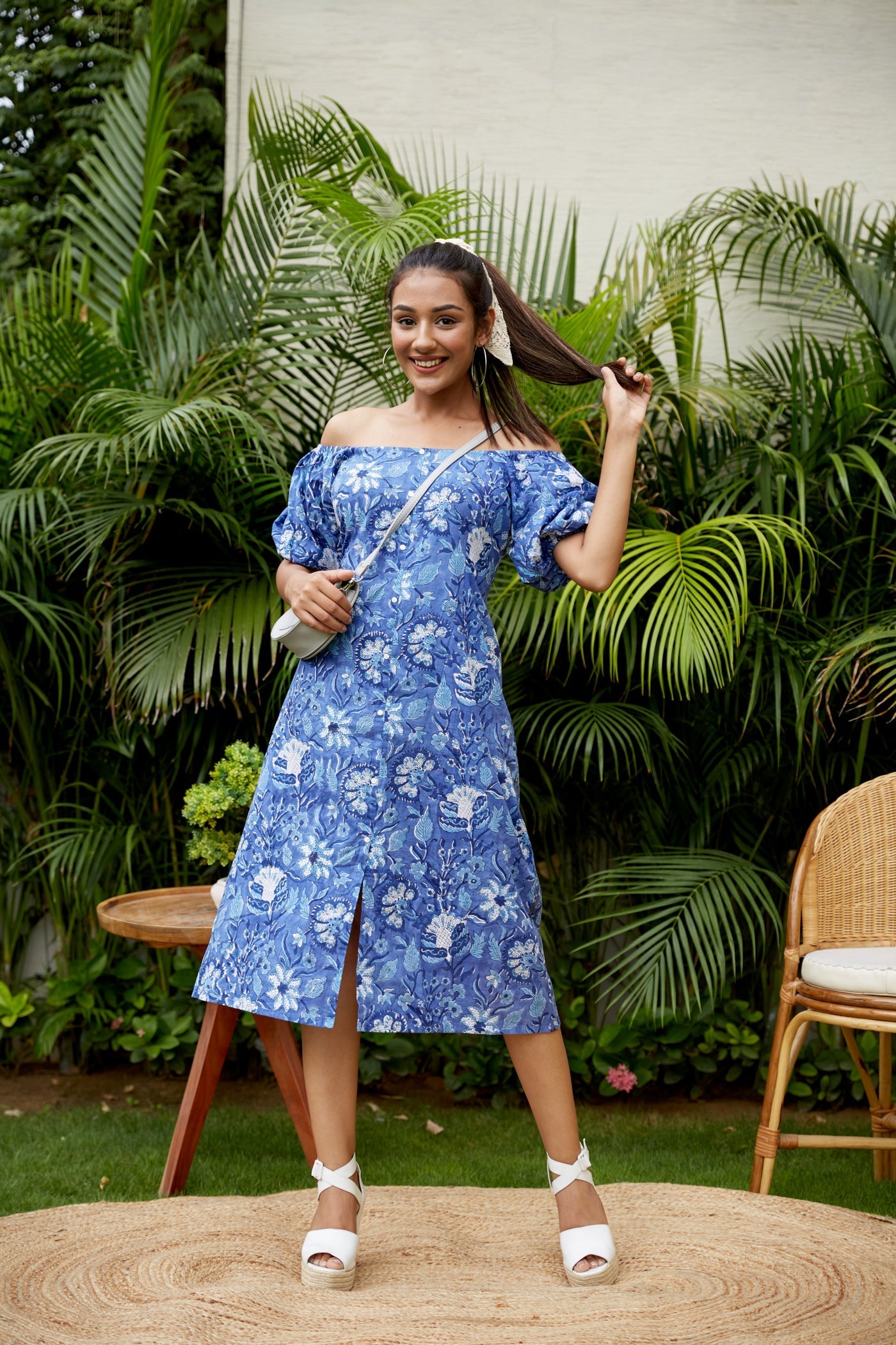 Women's Blue Floral Cotton Gaga Dress - Nangalia Ruchira