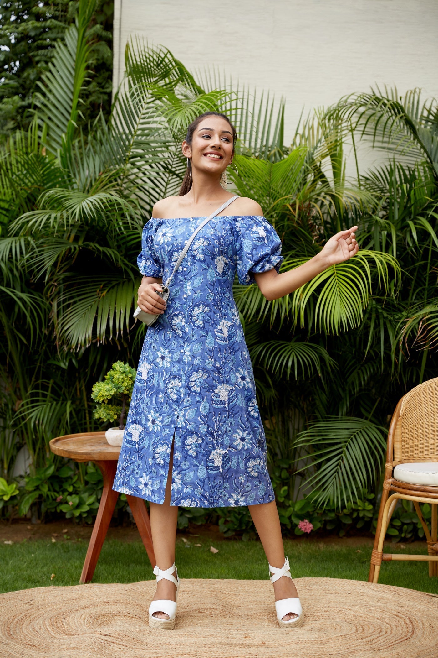 Women's Blue Floral Cotton Gaga Dress - Nangalia Ruchira