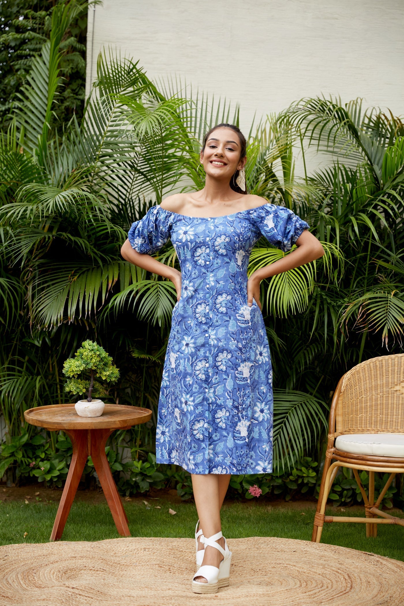 Women's Blue Floral Cotton Gaga Dress - Nangalia Ruchira