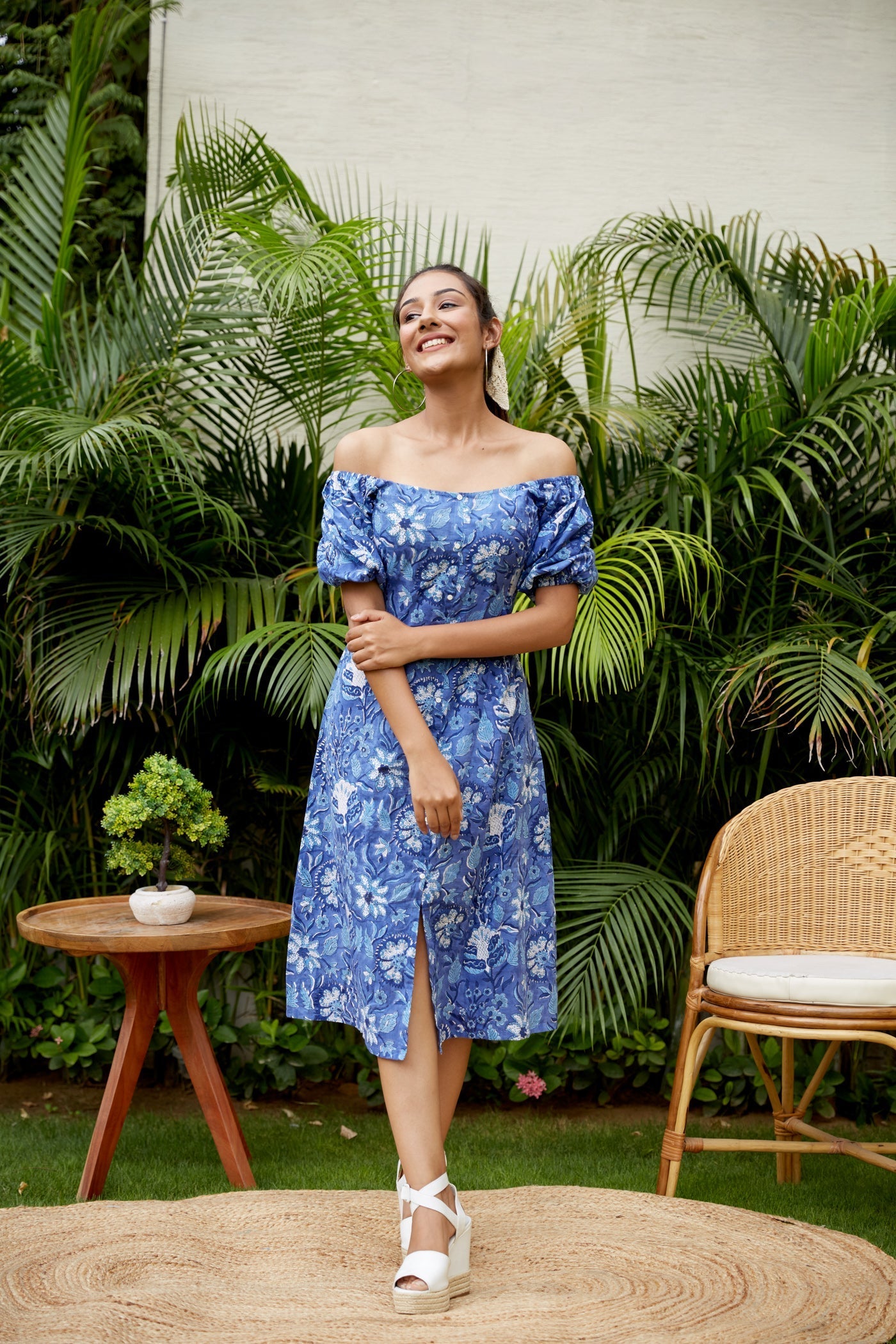 Women's Blue Floral Cotton Gaga Dress - Nangalia Ruchira
