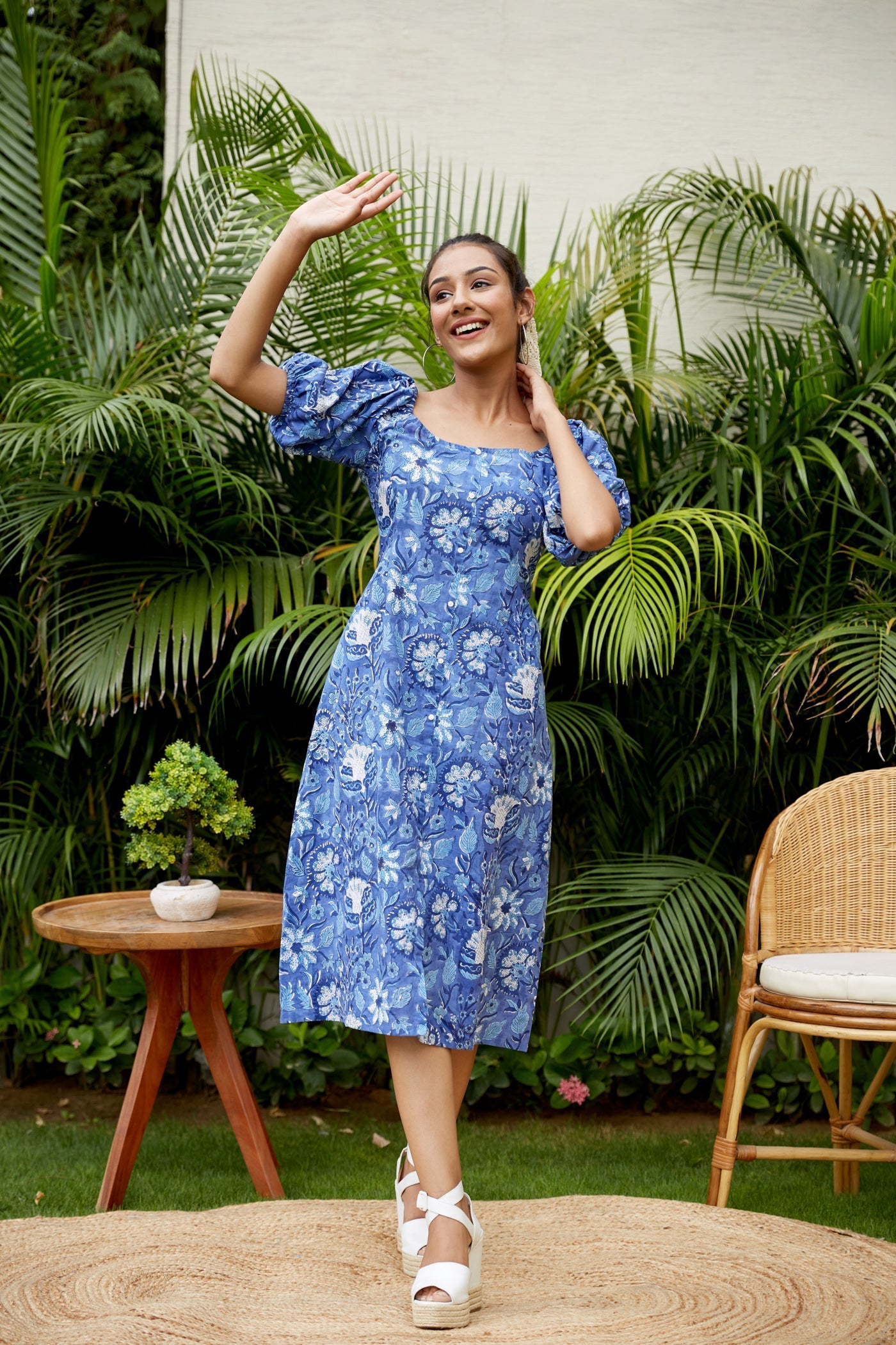 Women's Blue Floral Cotton Gaga Dress - Nangalia Ruchira