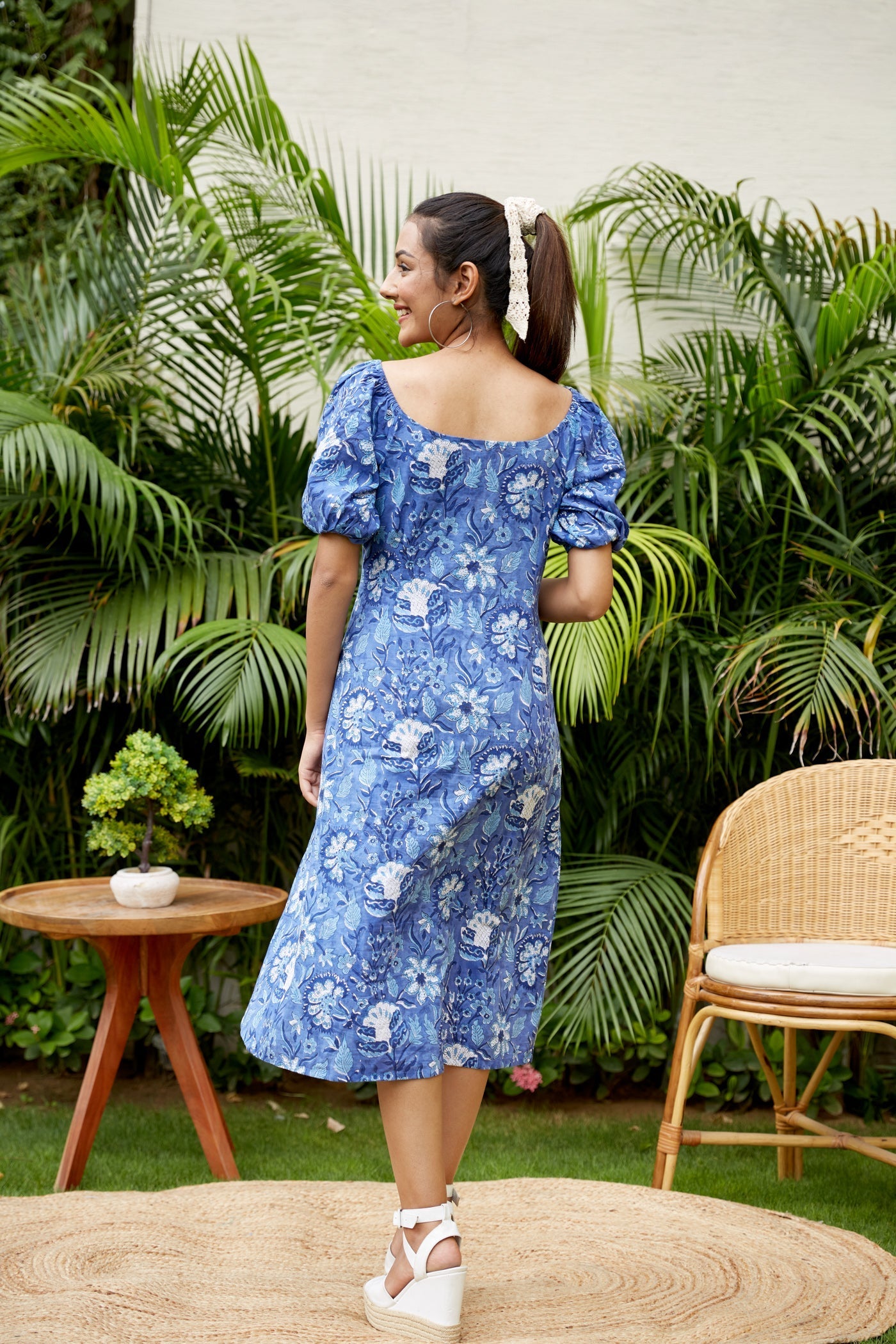 Women's Blue Floral Cotton Gaga Dress - Nangalia Ruchira