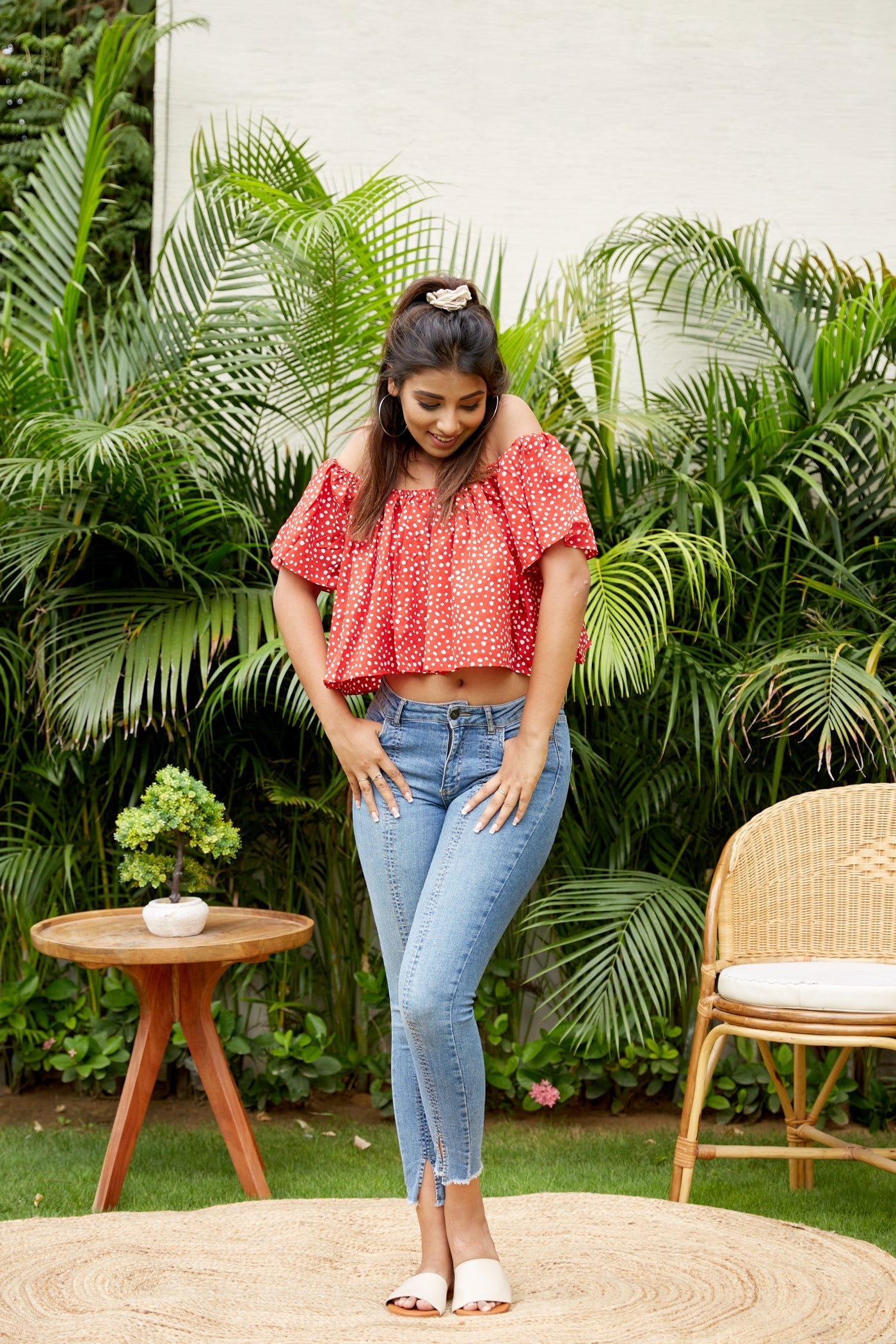 Women's Red Polka Bardot Top - Nangalia Ruchira