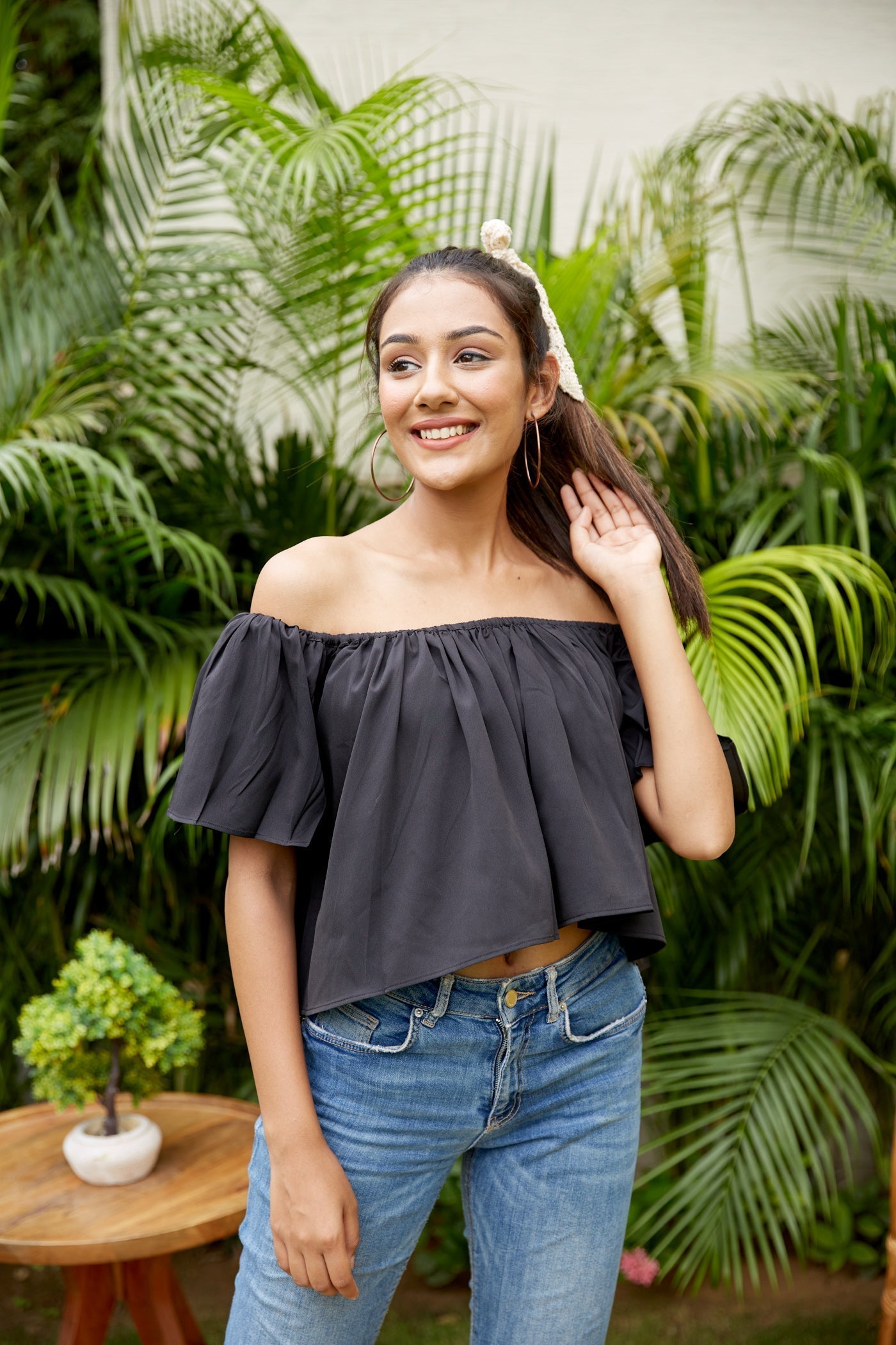 Women's Black Crepe Off Shoulder Top - Regular - Nangalia Ruchira