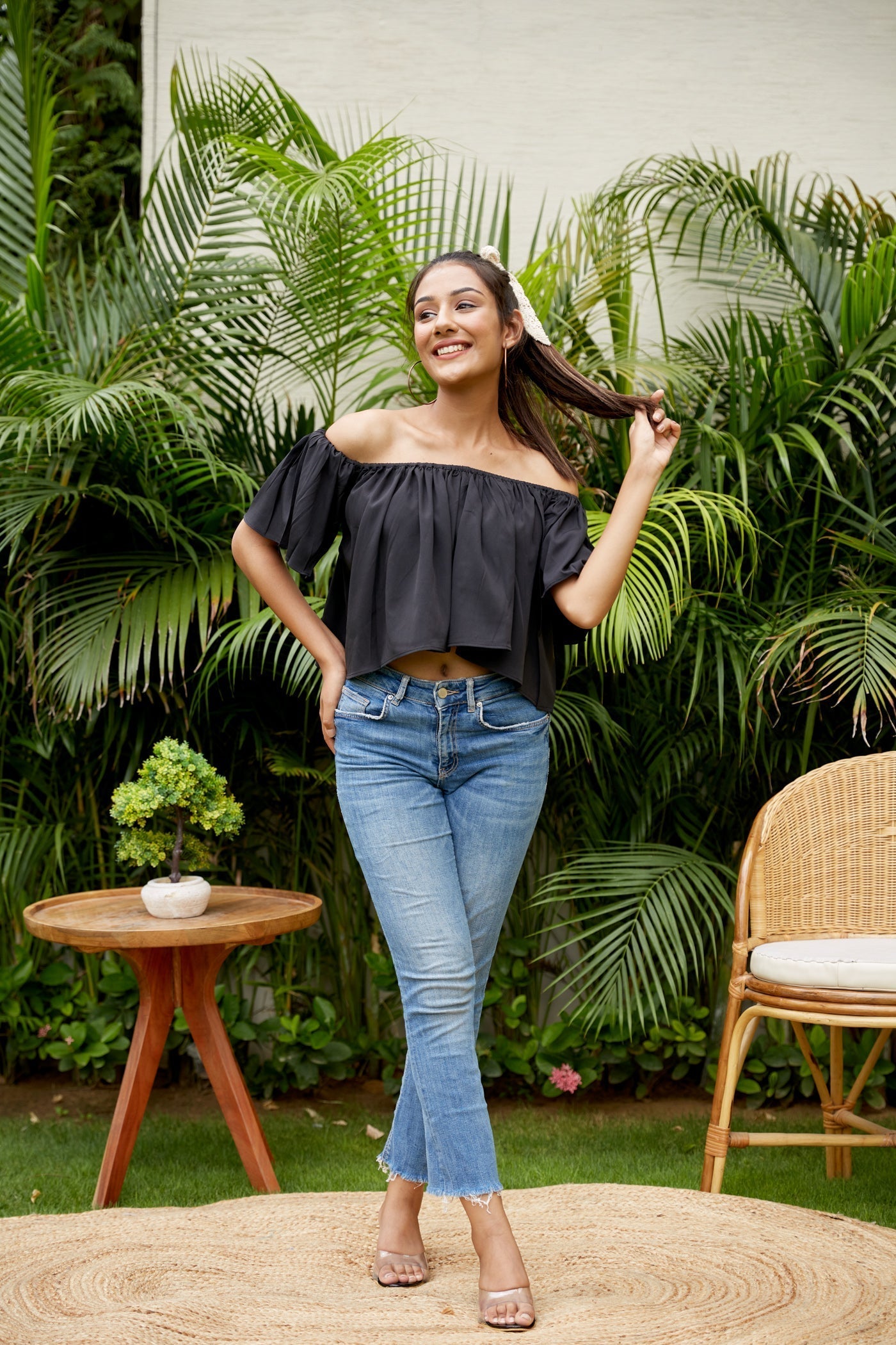 Women's Black Crepe Off Shoulder Top - Regular - Nangalia Ruchira