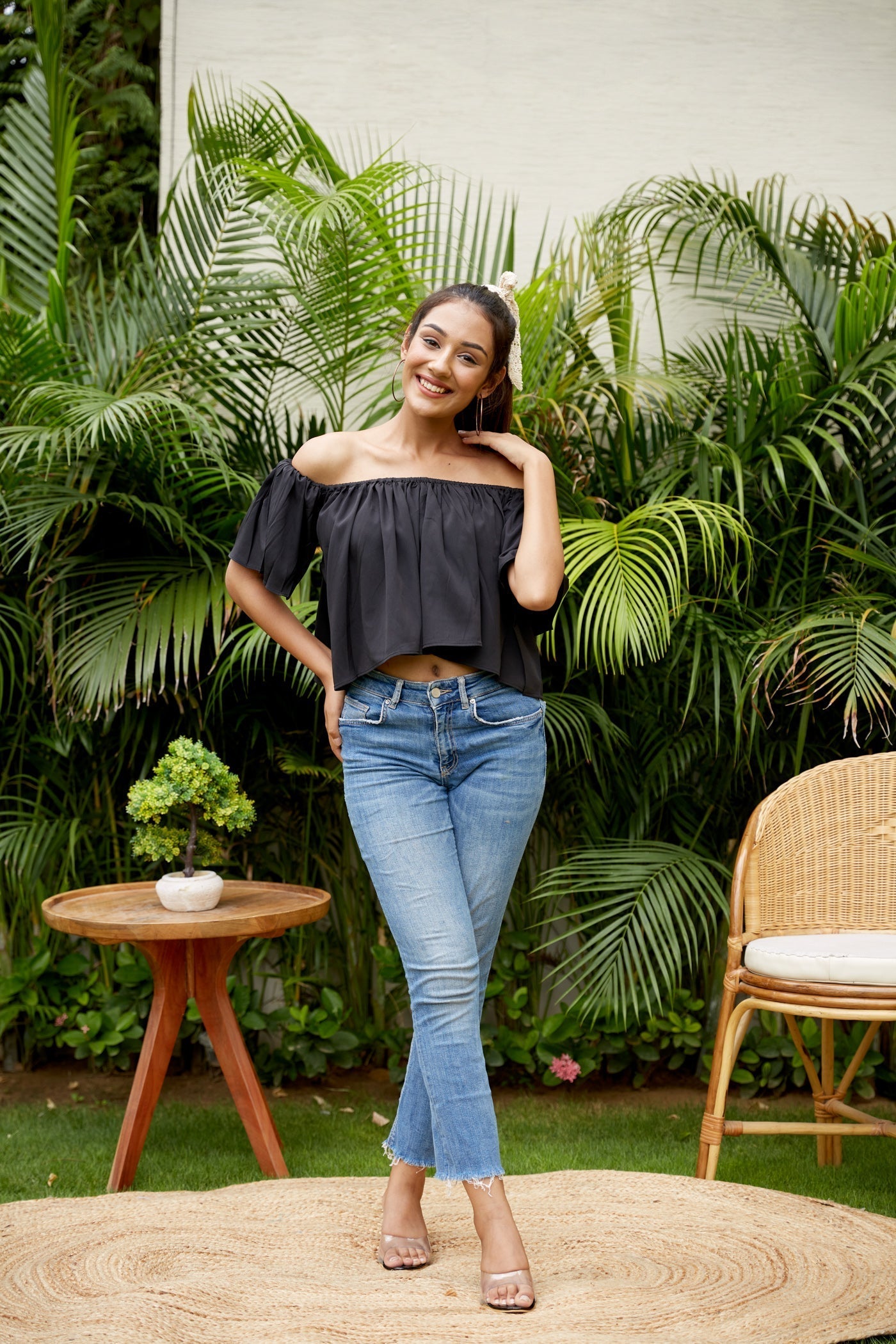 Women's Black Crepe Off Shoulder Top - Regular - Nangalia Ruchira