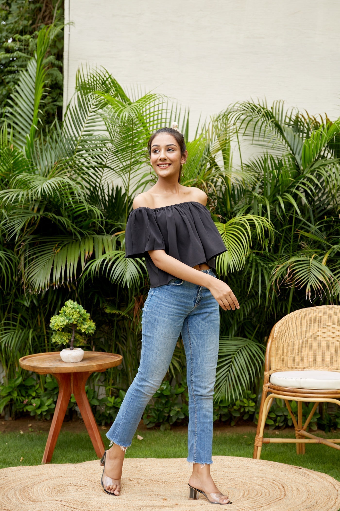 Women's Black Crepe Off Shoulder Top - Regular - Nangalia Ruchira