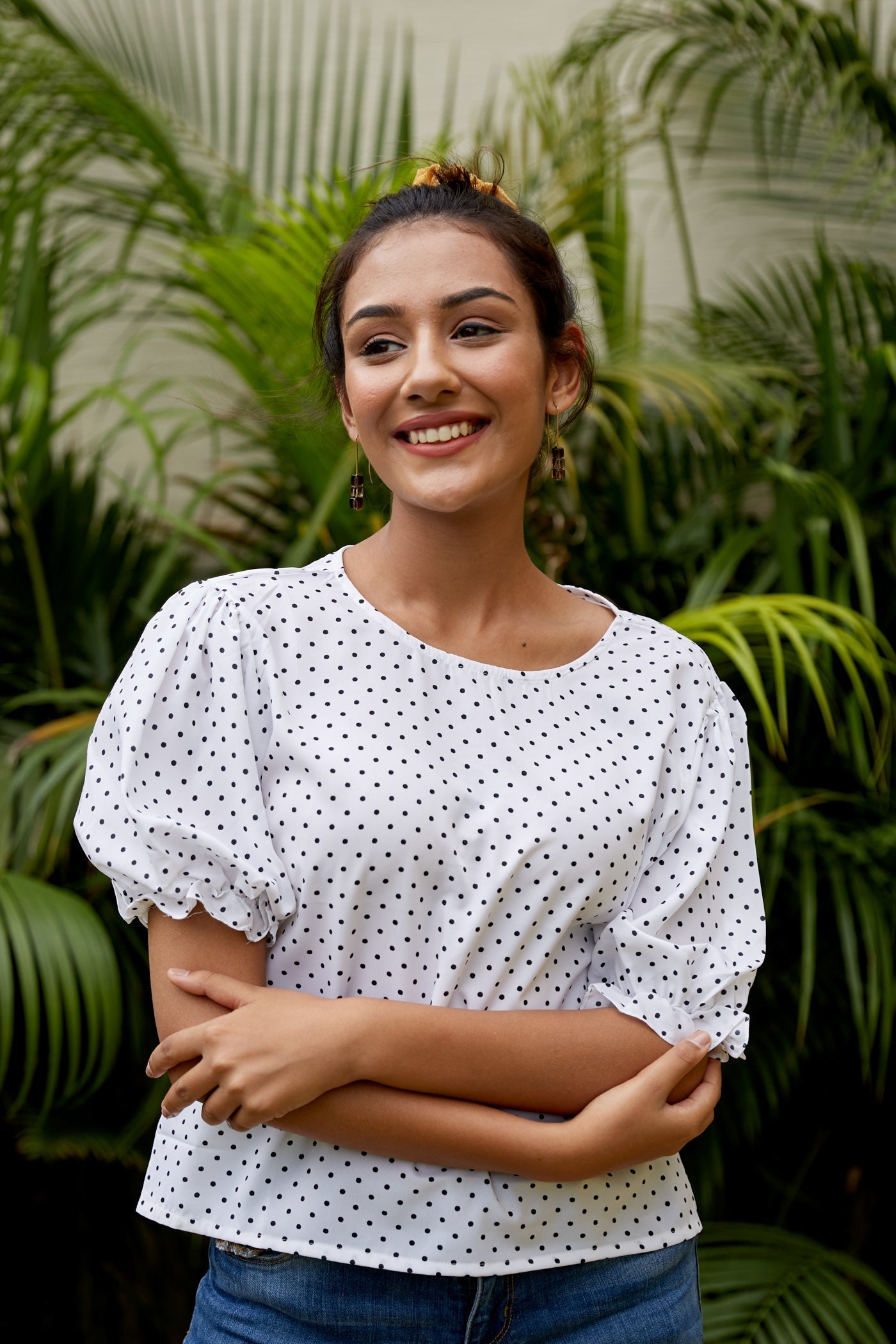 Women's White Crepe Puff Sleeves Polka Top - Nangalia Ruchira