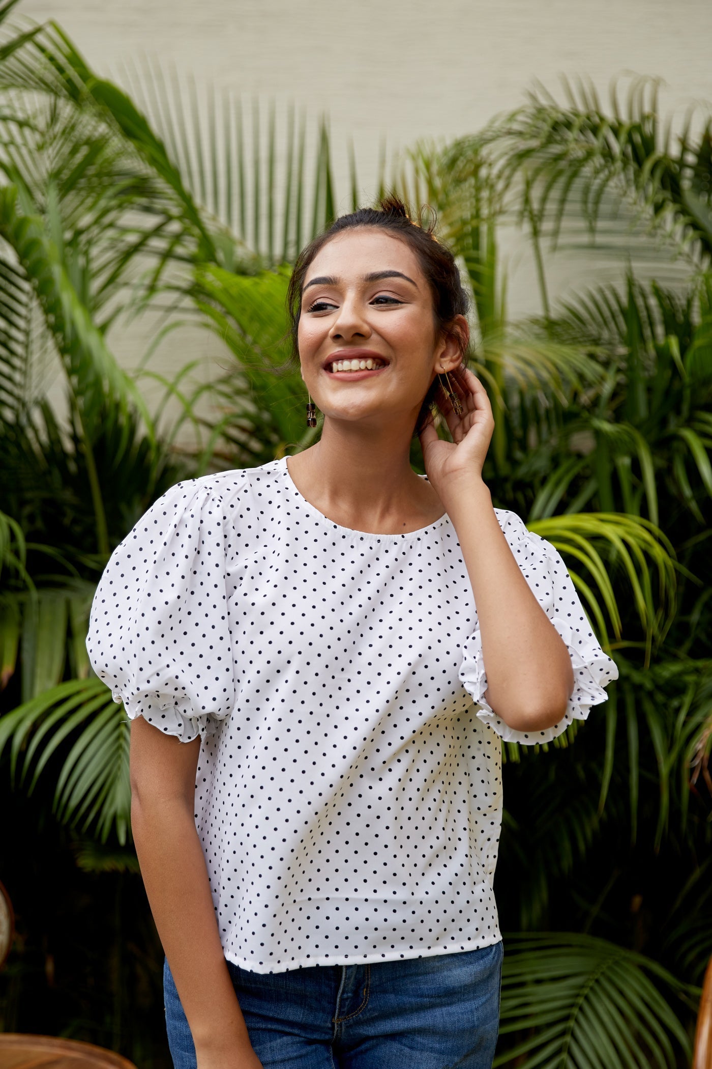 Women's White Crepe Puff Sleeves Polka Top - Nangalia Ruchira