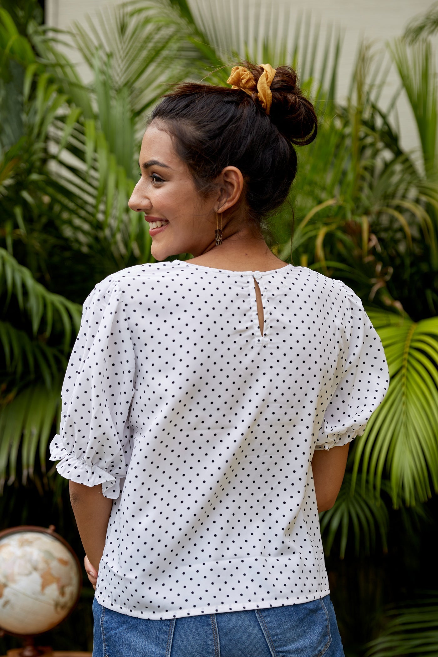 Women's White Crepe Puff Sleeves Polka Top - Nangalia Ruchira