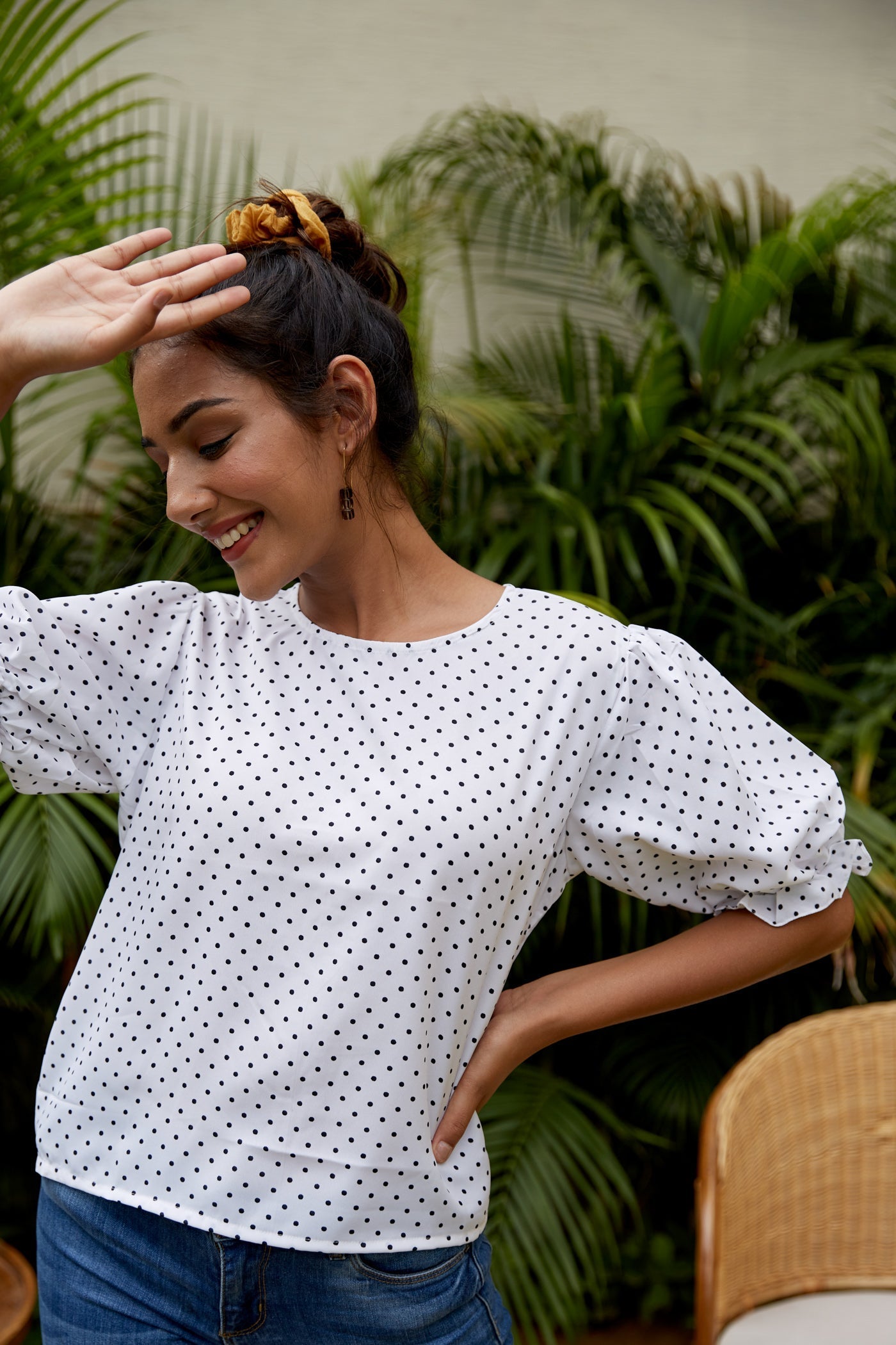 Women's White Crepe Puff Sleeves Polka Top - Nangalia Ruchira