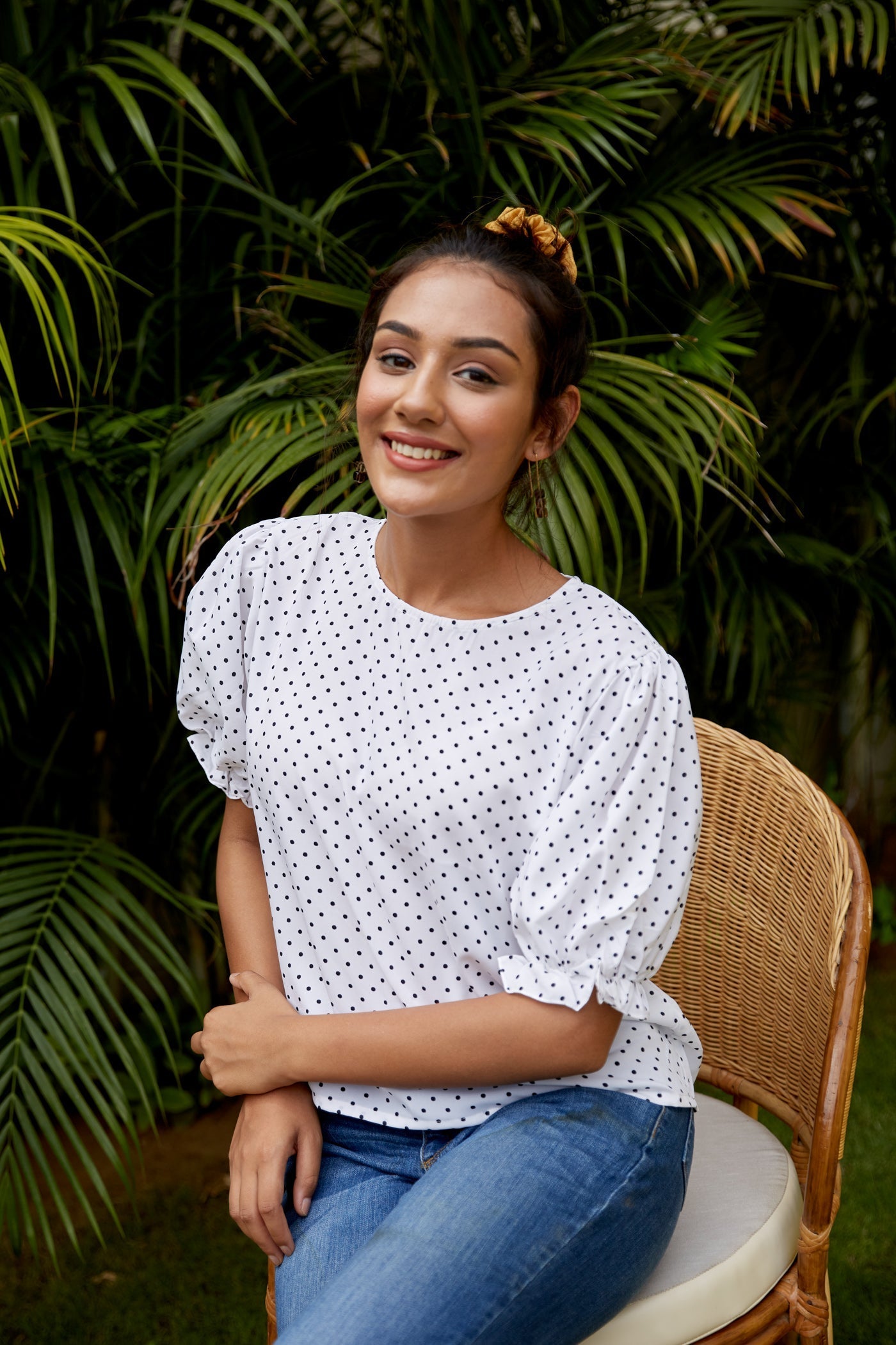 Women's White Crepe Puff Sleeves Polka Top - Nangalia Ruchira