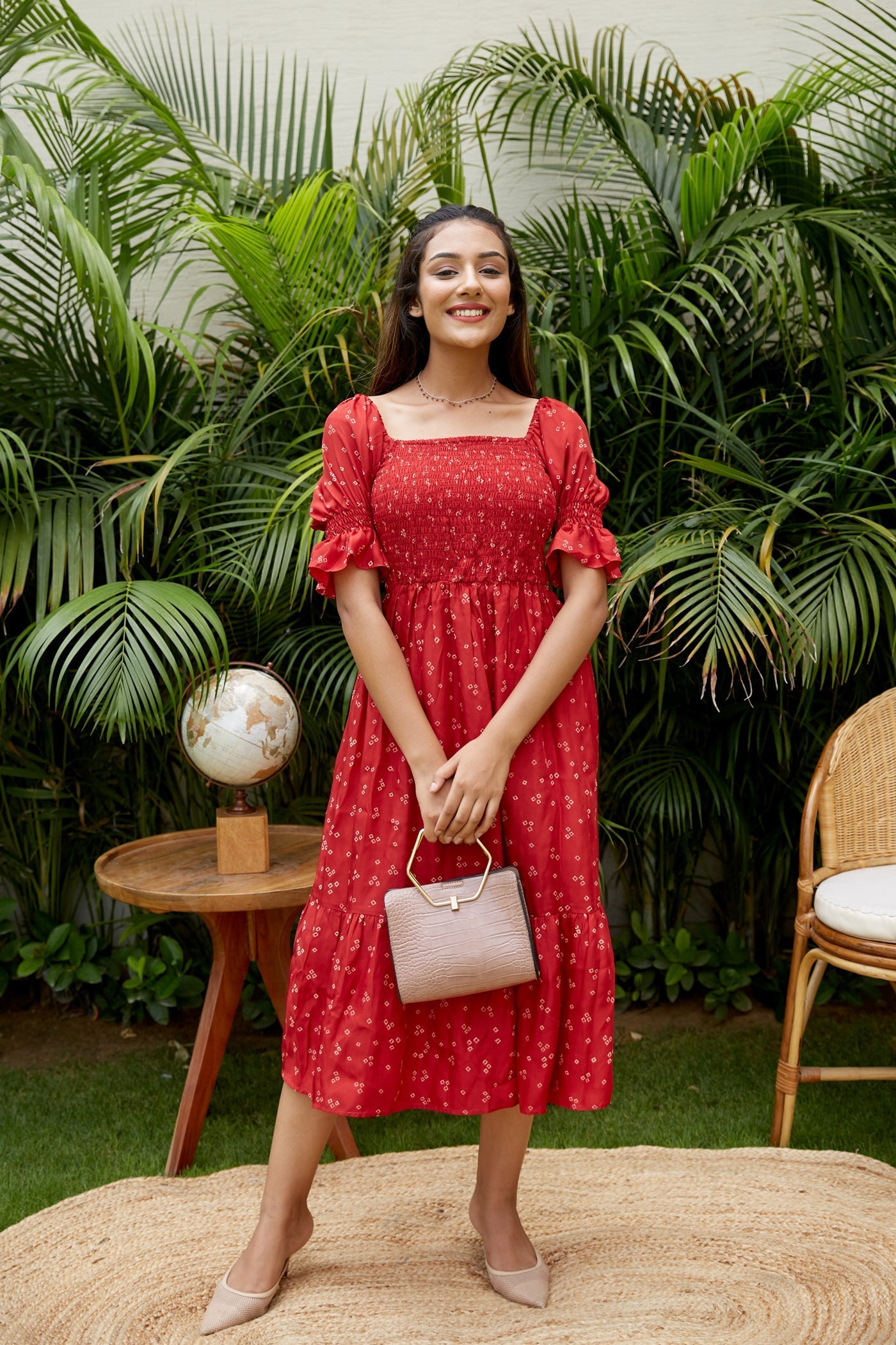 Women's Glam Red Smocked Tiered Dress - Nangalia Ruchira