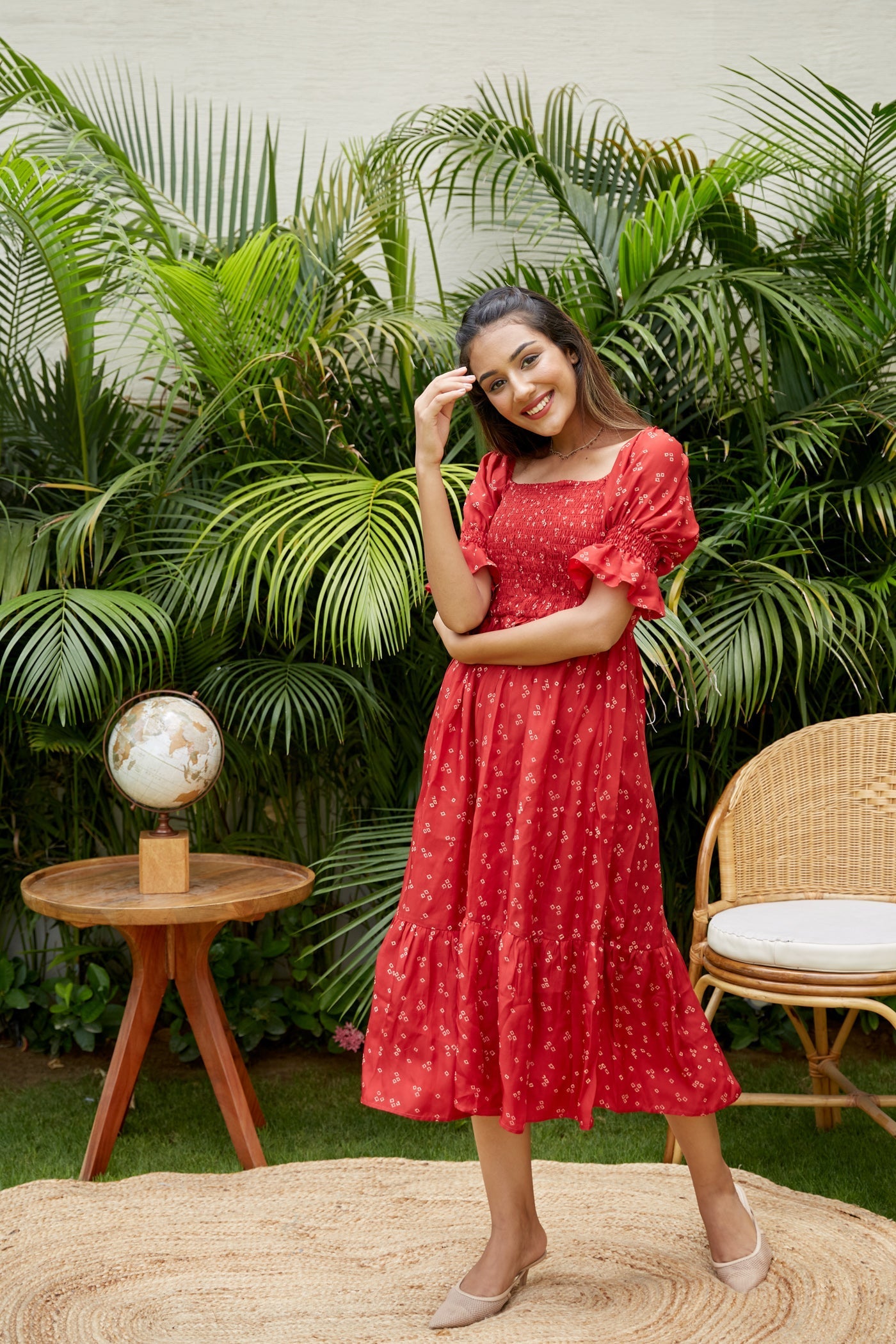 Women's Glam Red Smocked Tiered Dress - Nangalia Ruchira