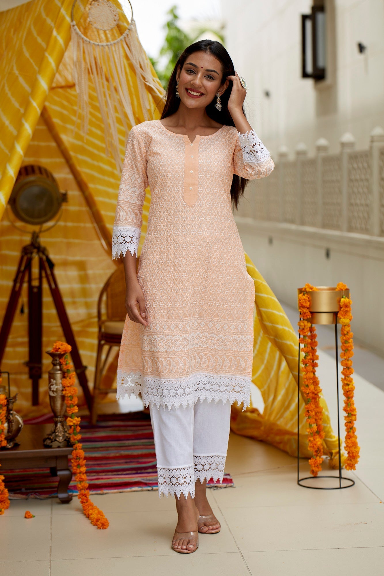 Women's Peach Lucknowi Crochet Kurta Set - (Set Of 2) - Nangalia Ruchira