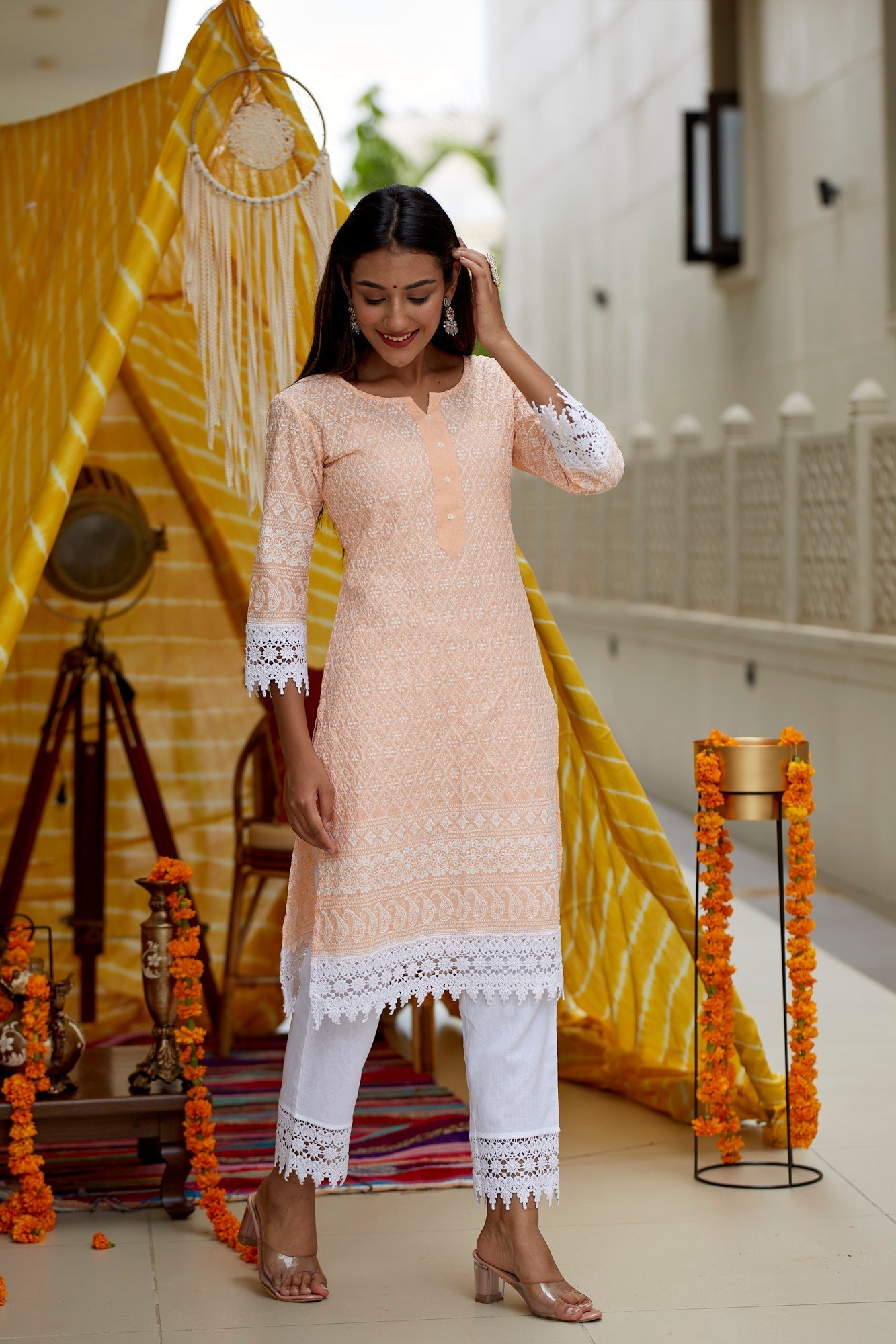 Women's Peach Lucknowi Crochet Kurta Set - (Set Of 2) - Nangalia Ruchira