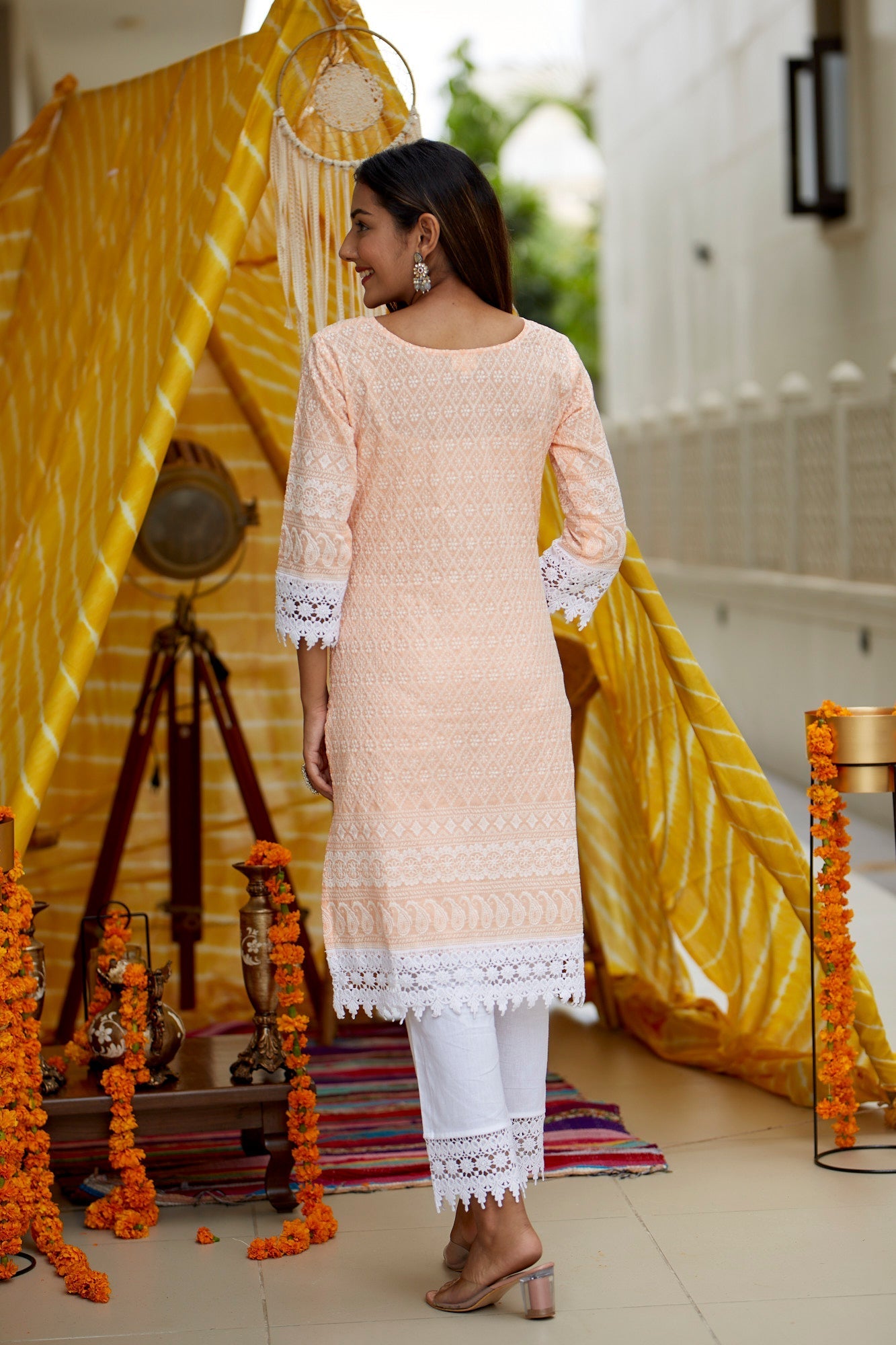Women's Peach Lucknowi Crochet Kurta Set - (Set Of 2) - Nangalia Ruchira