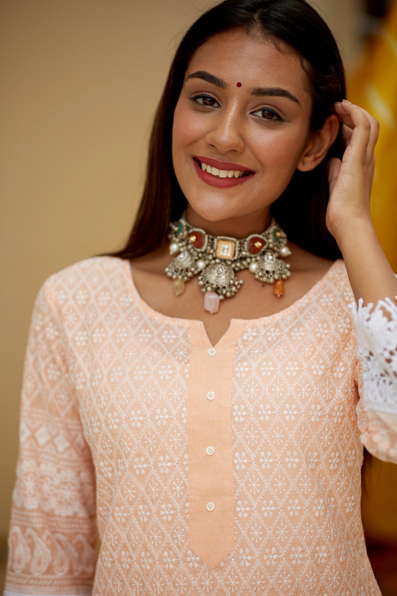 Women's Peach Lucknowi Crochet Kurta Set - (Set Of 2) - Nangalia Ruchira