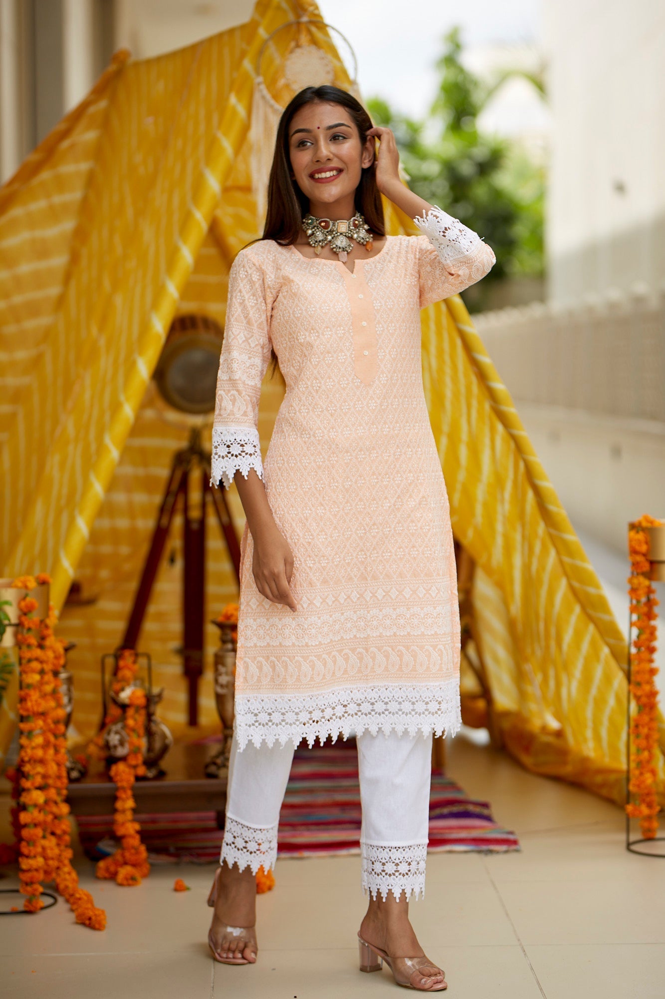 Women's Peach Lucknowi Crochet Kurta Set - (Set Of 2) - Nangalia Ruchira