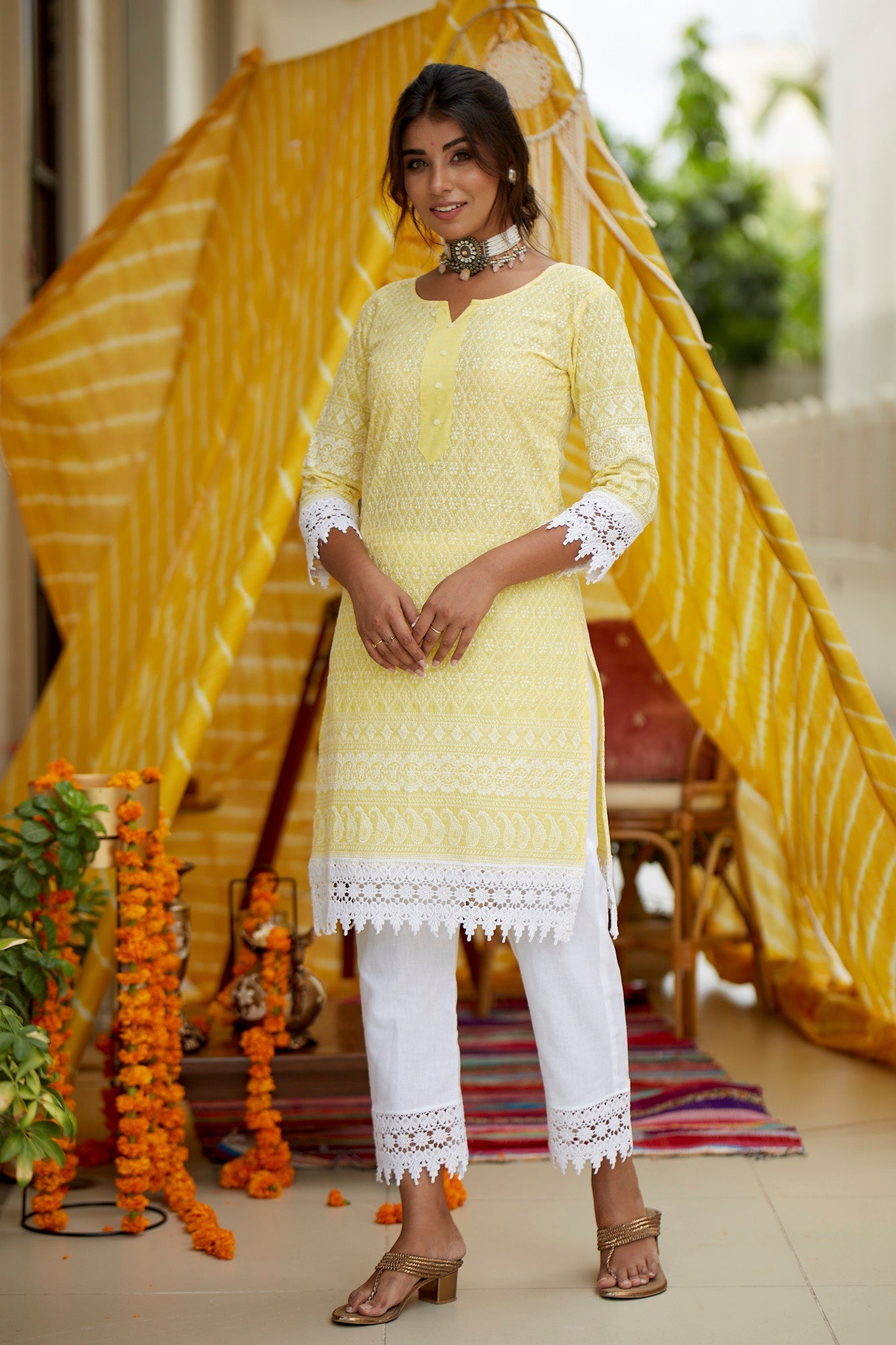 Women's Yellow Lucknawi Kurta Set - (Set Of 2) - Nangalia Ruchira
