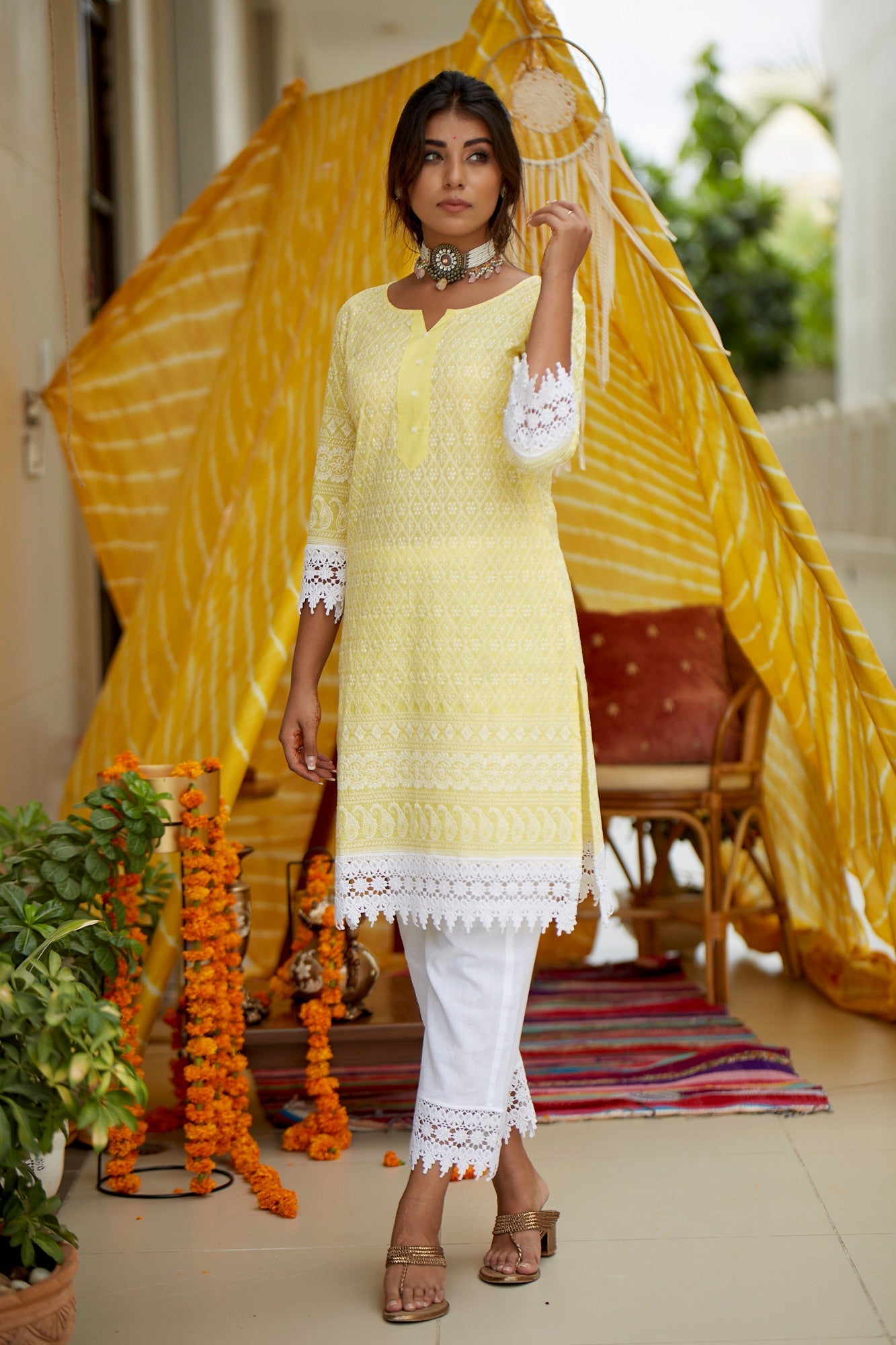 Women's Yellow Lucknawi Kurta Set - (Set Of 2) - Nangalia Ruchira