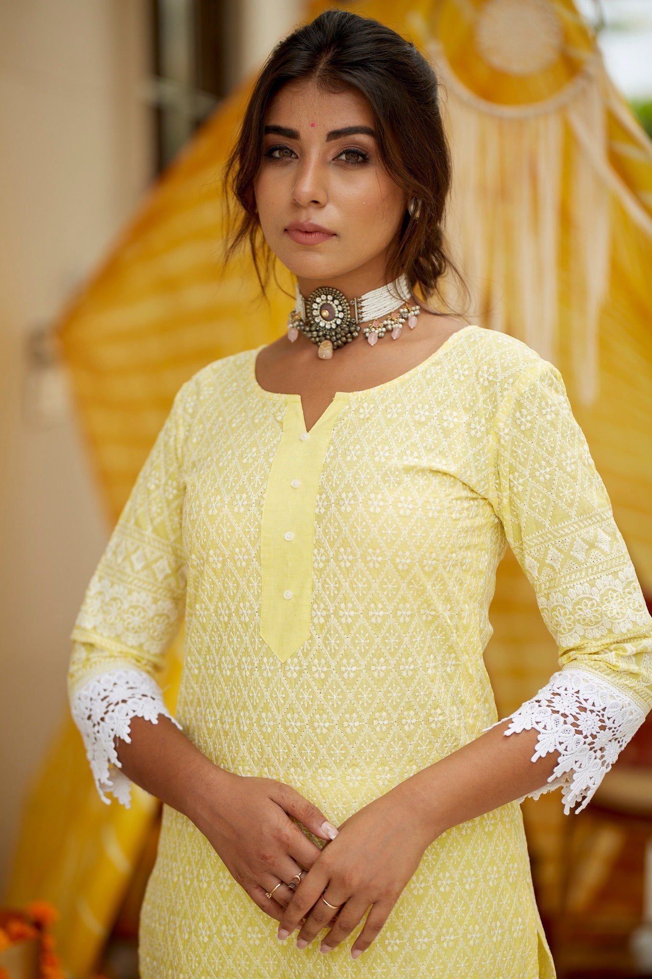 Women's Yellow Lucknawi Kurta Set - (Set Of 2) - Nangalia Ruchira