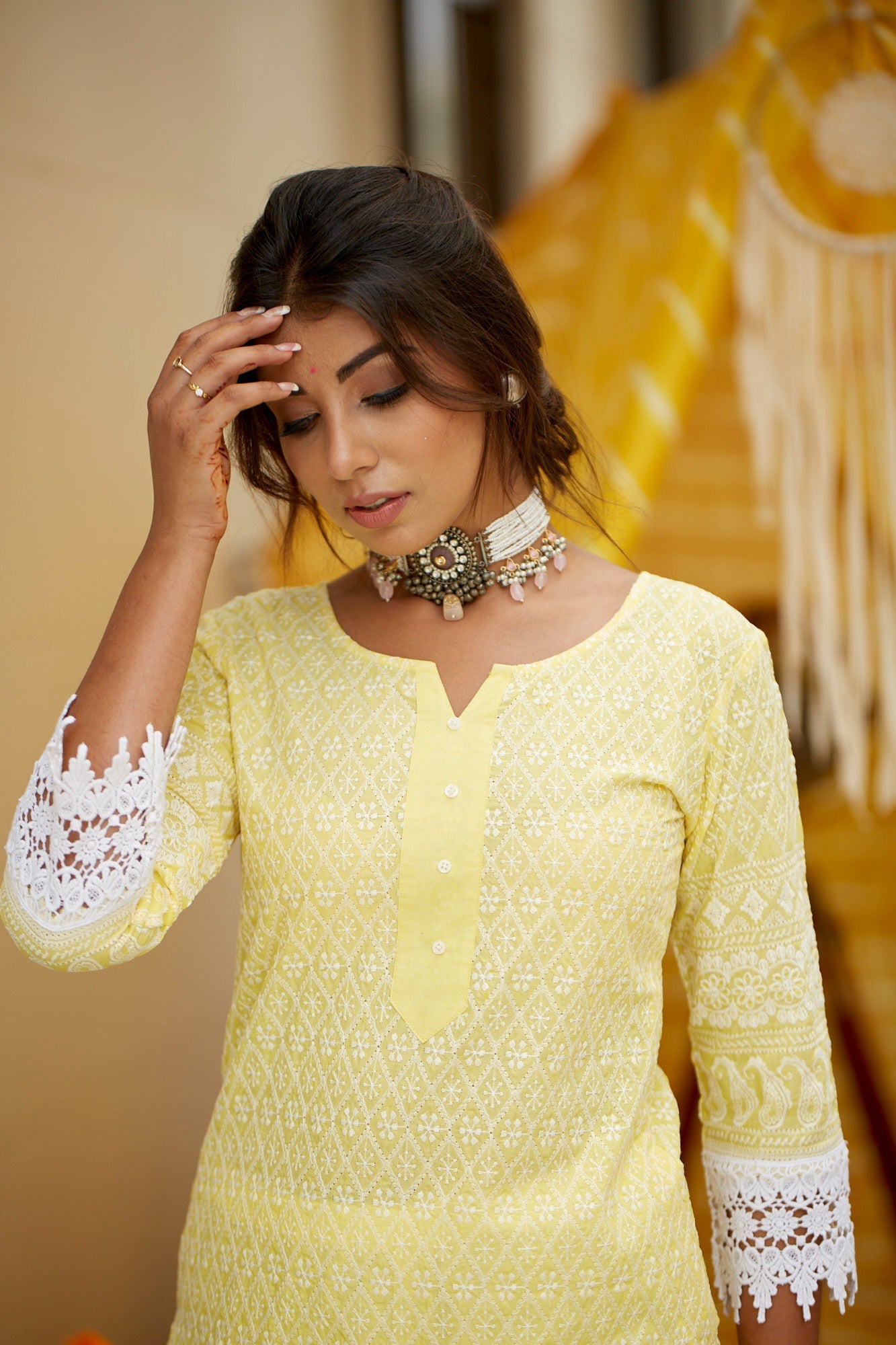 Women's Yellow Lucknawi Kurta Set - (Set Of 2) - Nangalia Ruchira