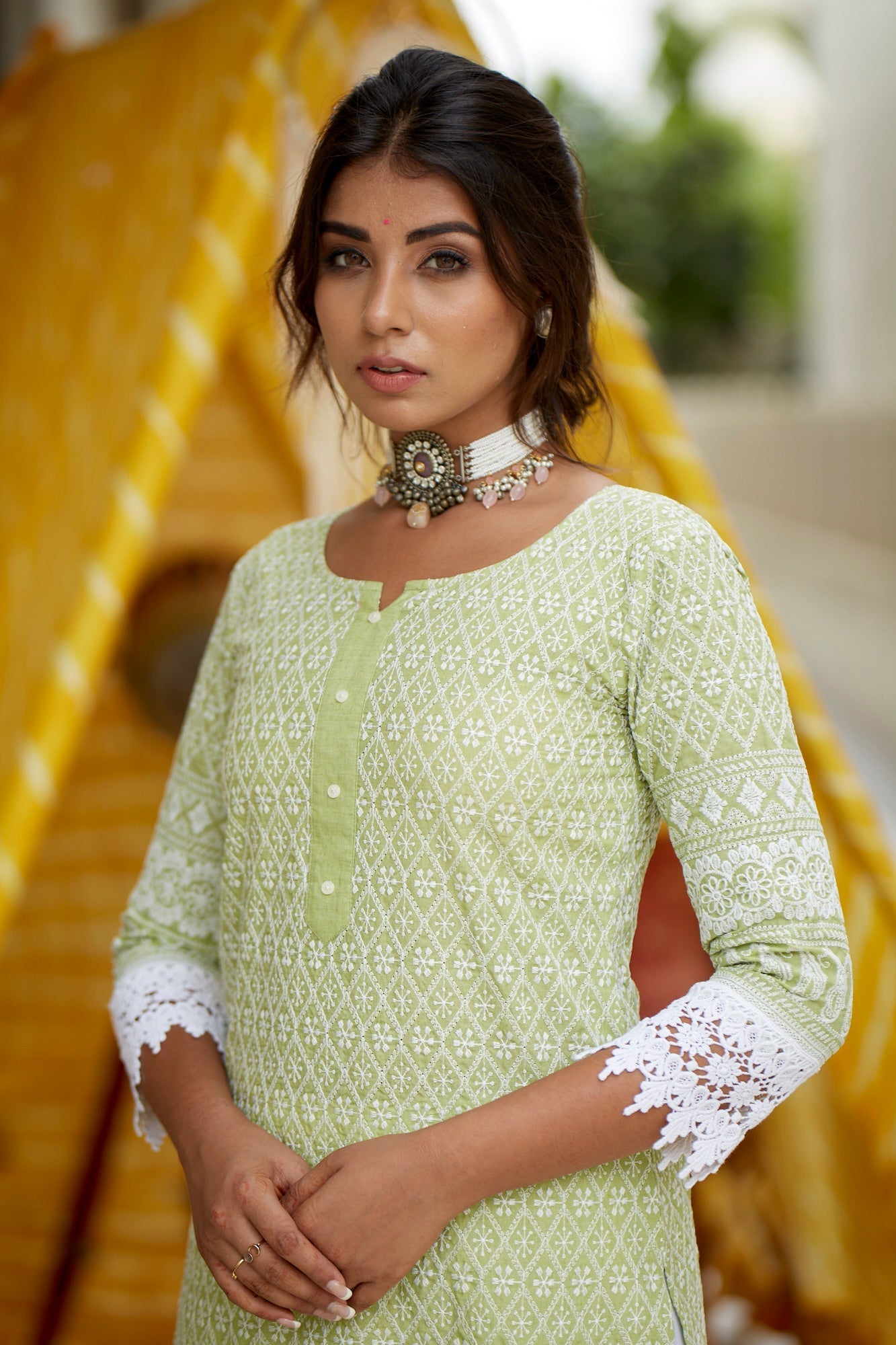 Women's Olive Lucknawi Kurta Set - Nangalia Ruchira