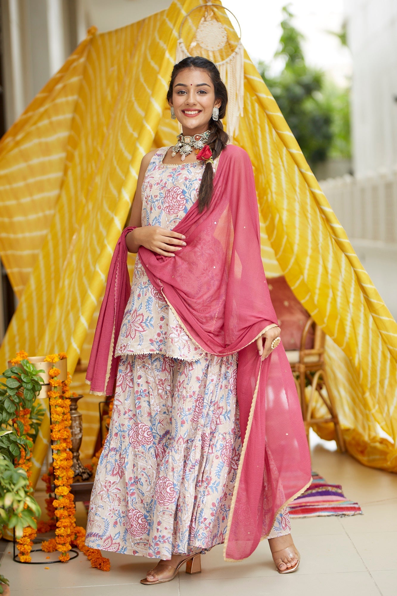 Women's Blush Kurta Printed Cotton Garara Set - (Set Of 3) - Nangalia Ruchira