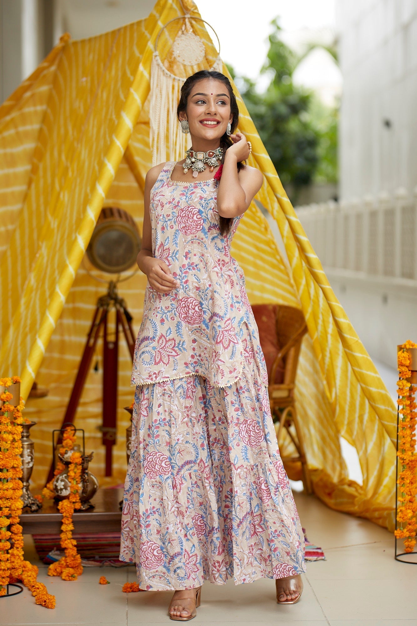 Women's Blush Kurta Printed Cotton Garara Set - (Set Of 3) - Nangalia Ruchira