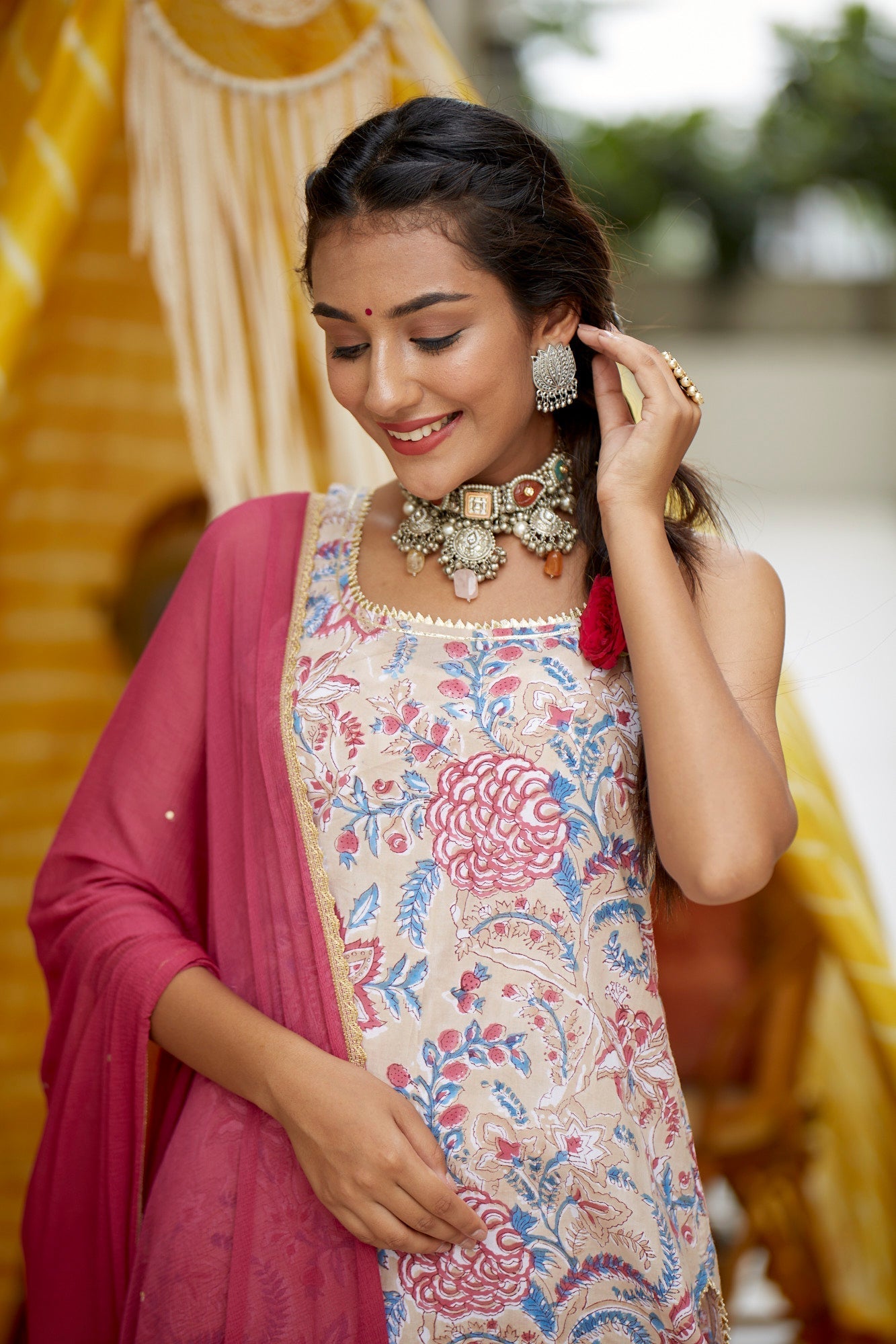 Women's Blush Kurta Printed Cotton Garara Set - (Set Of 3) - Nangalia Ruchira