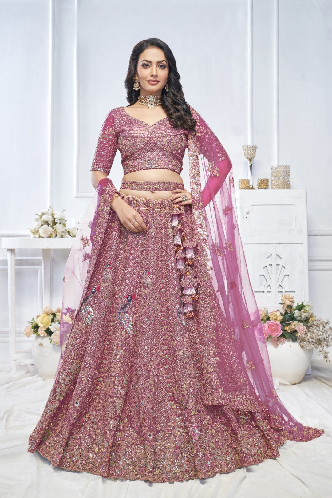 Women's Onion Soft Net Embroidery Lehenga Set - Kesar Fab