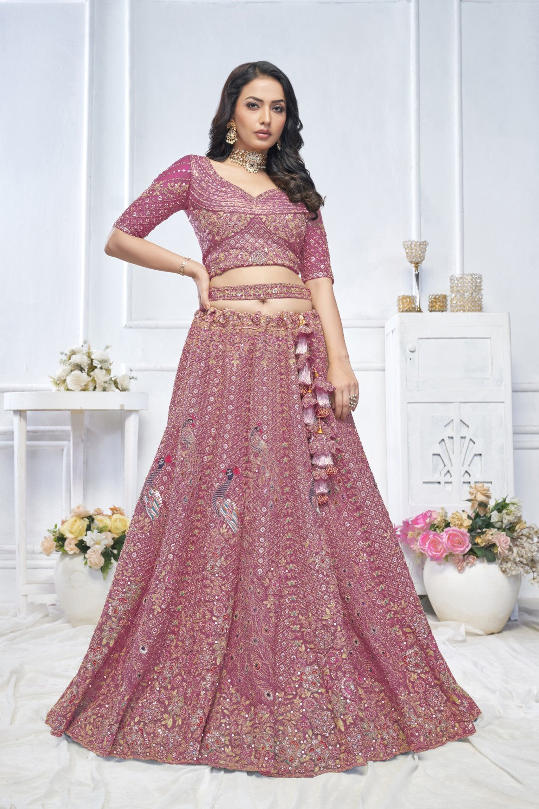 Women's Onion Soft Net Embroidery Lehenga Set - Kesar Fab