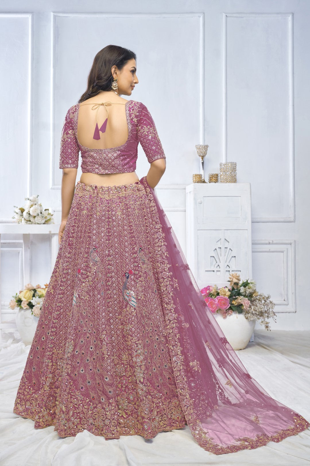 Women's Onion Soft Net Embroidery Lehenga Set - Kesar Fab