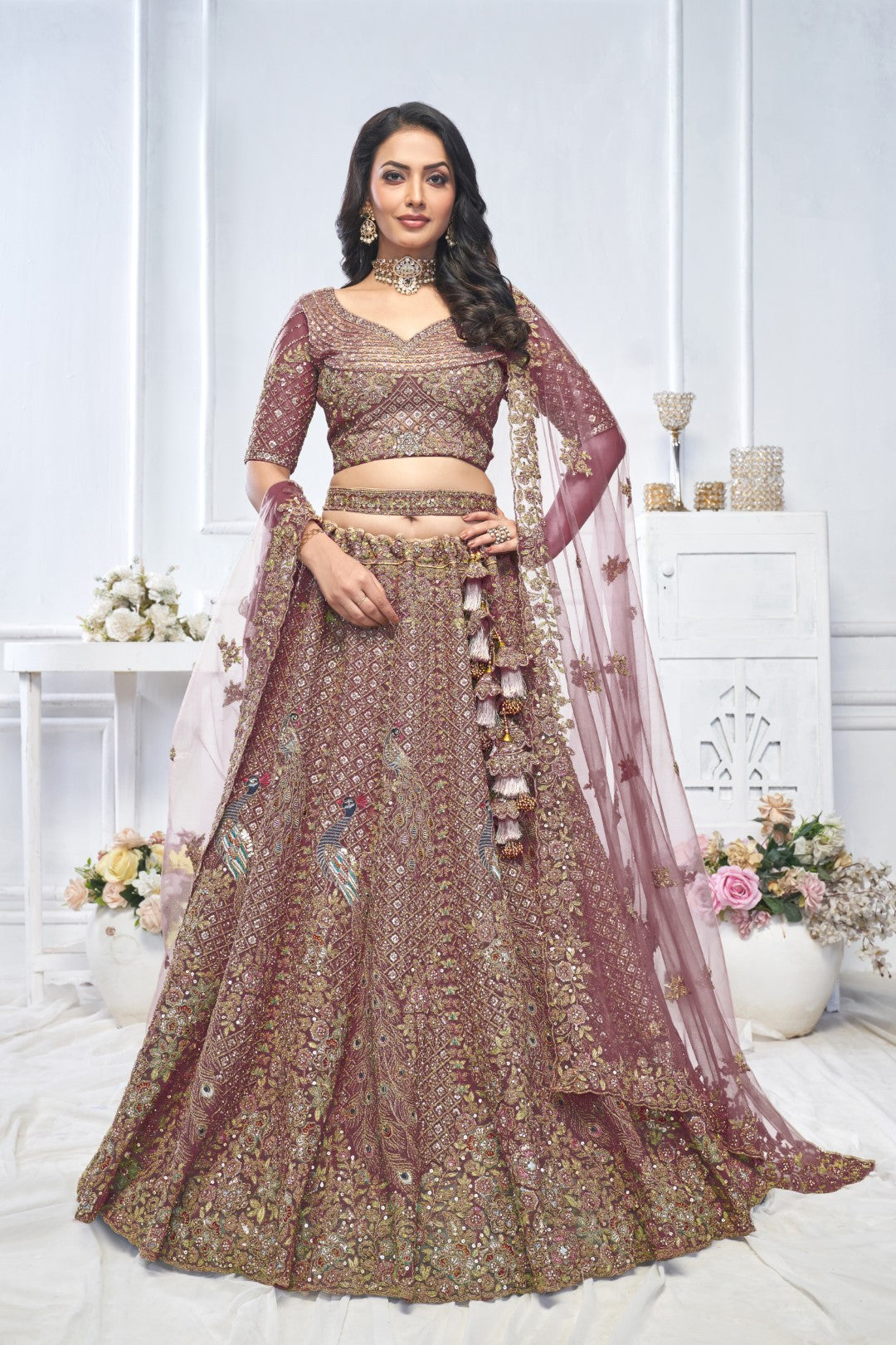 Women's Dark Purple Soft Net Embroidery Lehenga Set - Kesar Fab