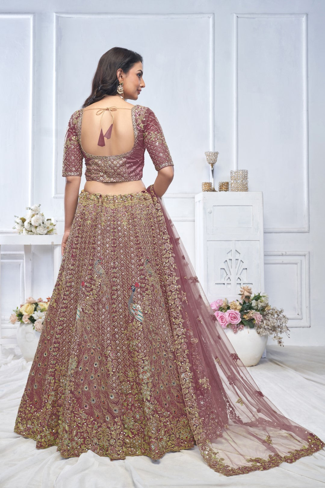 Women's Dark Purple Soft Net Embroidery Lehenga Set - Kesar Fab