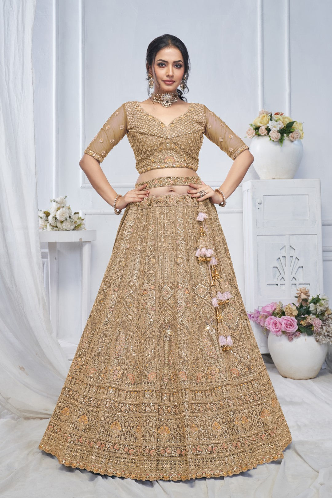 Women's Brown Soft Net Embroidery Lehenga Set - Kesar Fab