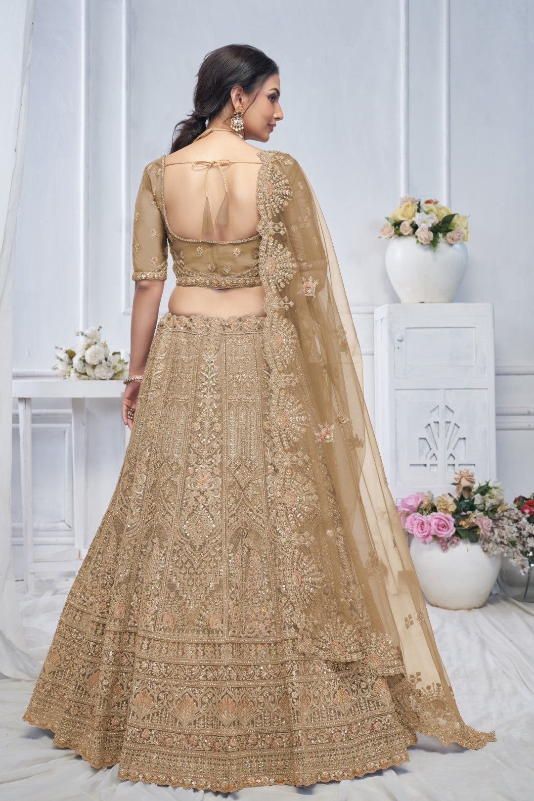 Women's Brown Soft Net Embroidery Lehenga Set - Kesar Fab