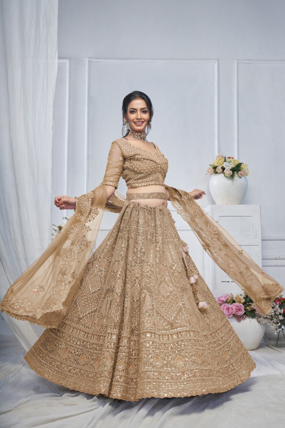 Women's Brown Soft Net Embroidery Lehenga Set - Kesar Fab