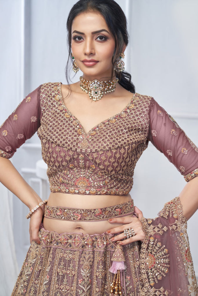 Women's Onion Soft Net Embroidery Lehenga Set