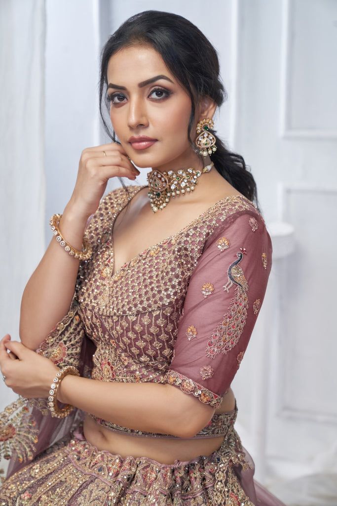 Women's Onion Soft Net Embroidery Lehenga Set