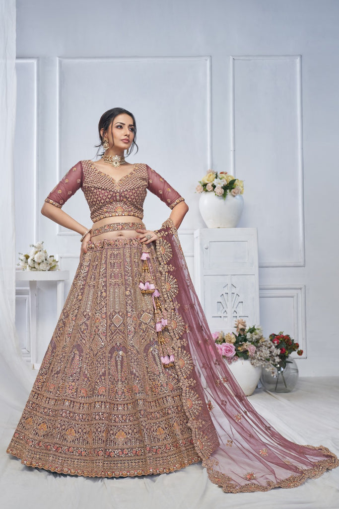 Women's Onion Soft Net Embroidery Lehenga Set